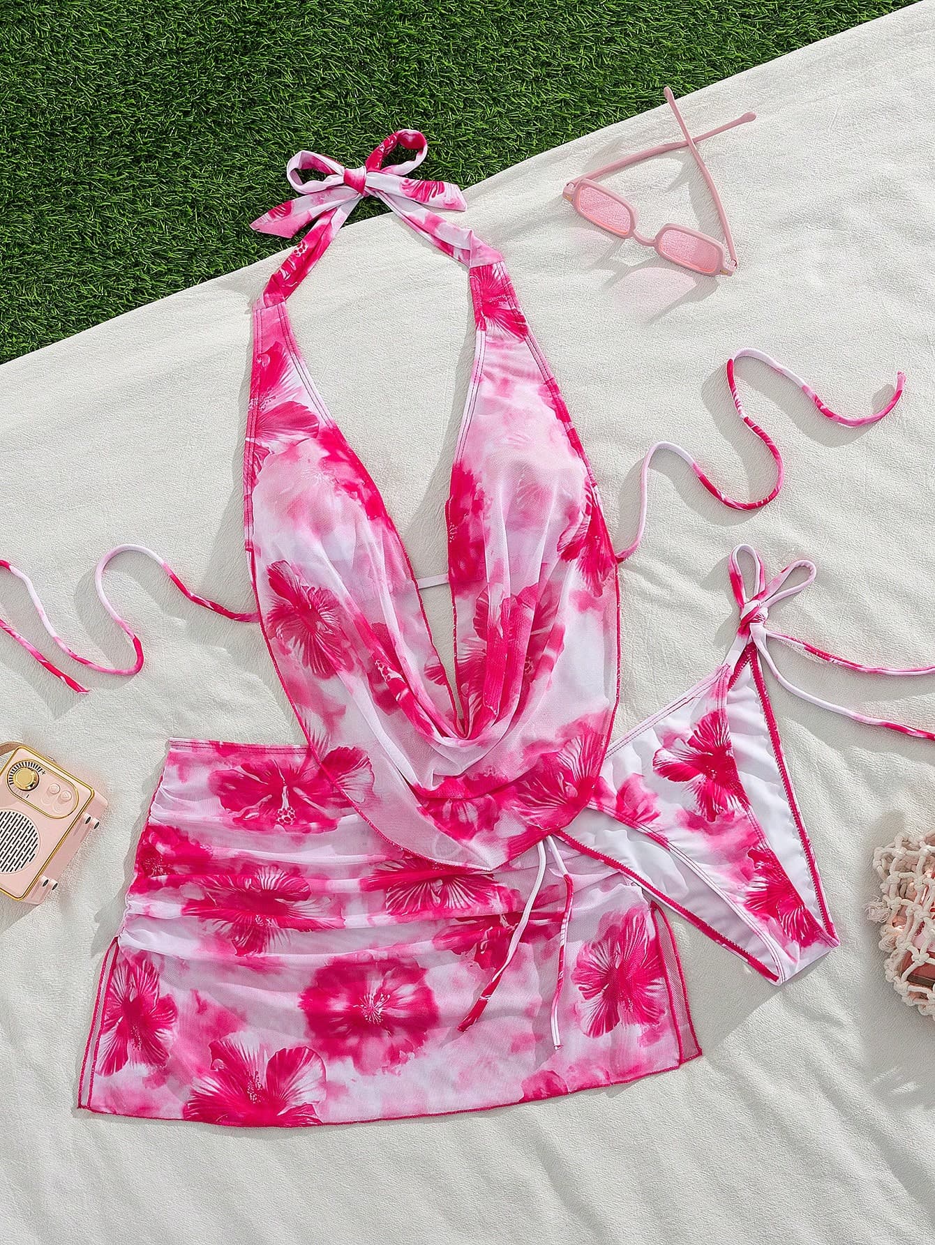 Swim Vcay 3pcs/Set Sexy Floral Draped Neck Backless Drawstring Triangle Bikini Swimwear & Ruffle Slit Mini Skirt, Summer Vacation