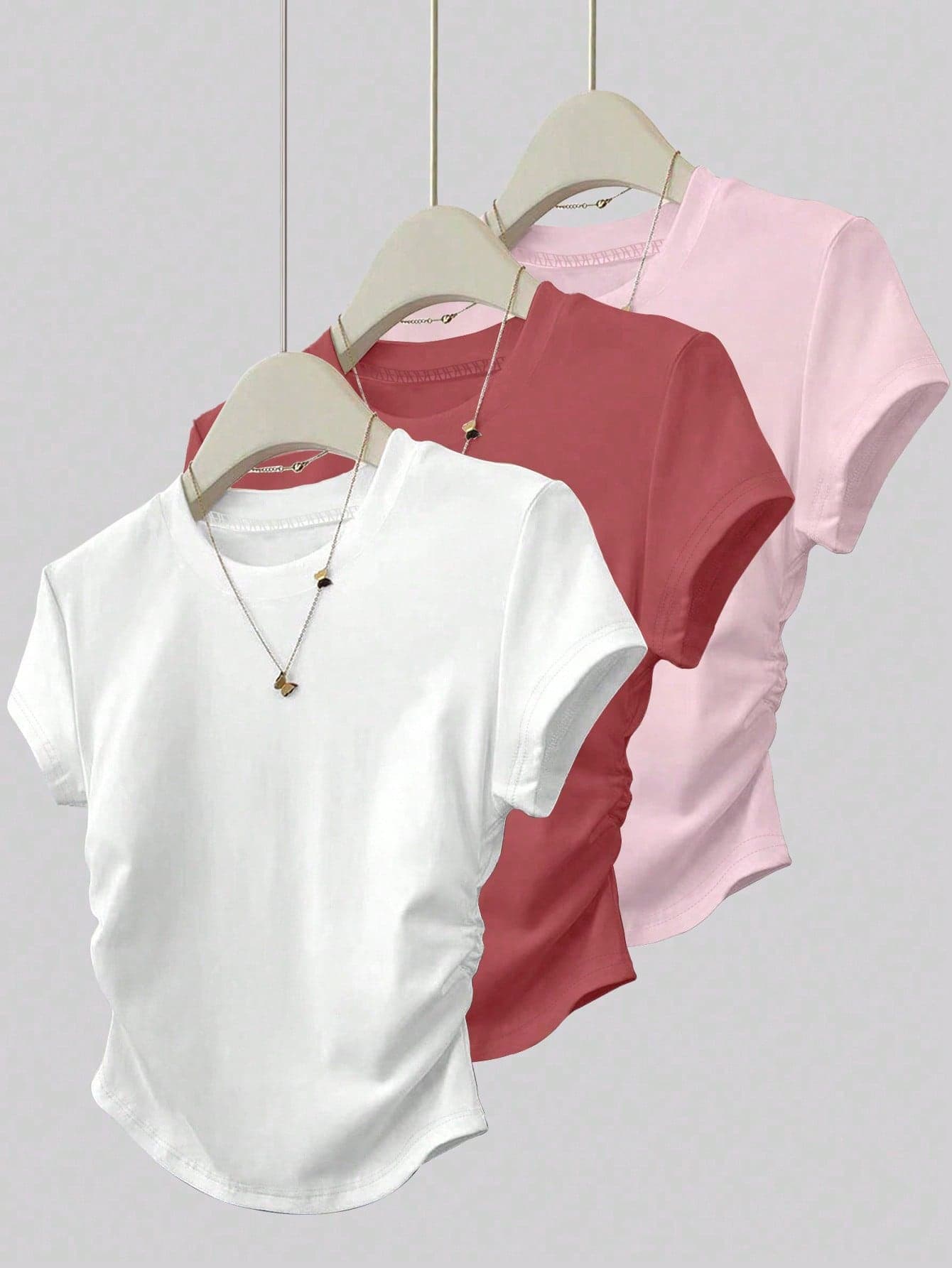 INAWLY 3pcs/Set Women's Slim Fit T-Shirt,Pink And White,Brick Red Summer Casual Tops,Versatile Stylish Outdoor Sports Everyday Shirt For Office,Home
