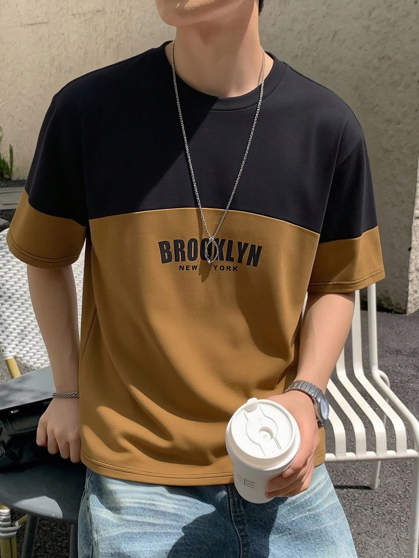 Mirajuku Teenage Boys' Casual Colorblock Patchwork T-Shirt With Letter Decor, Vintage Style Suitable For Daily, Commute And Sports Wear