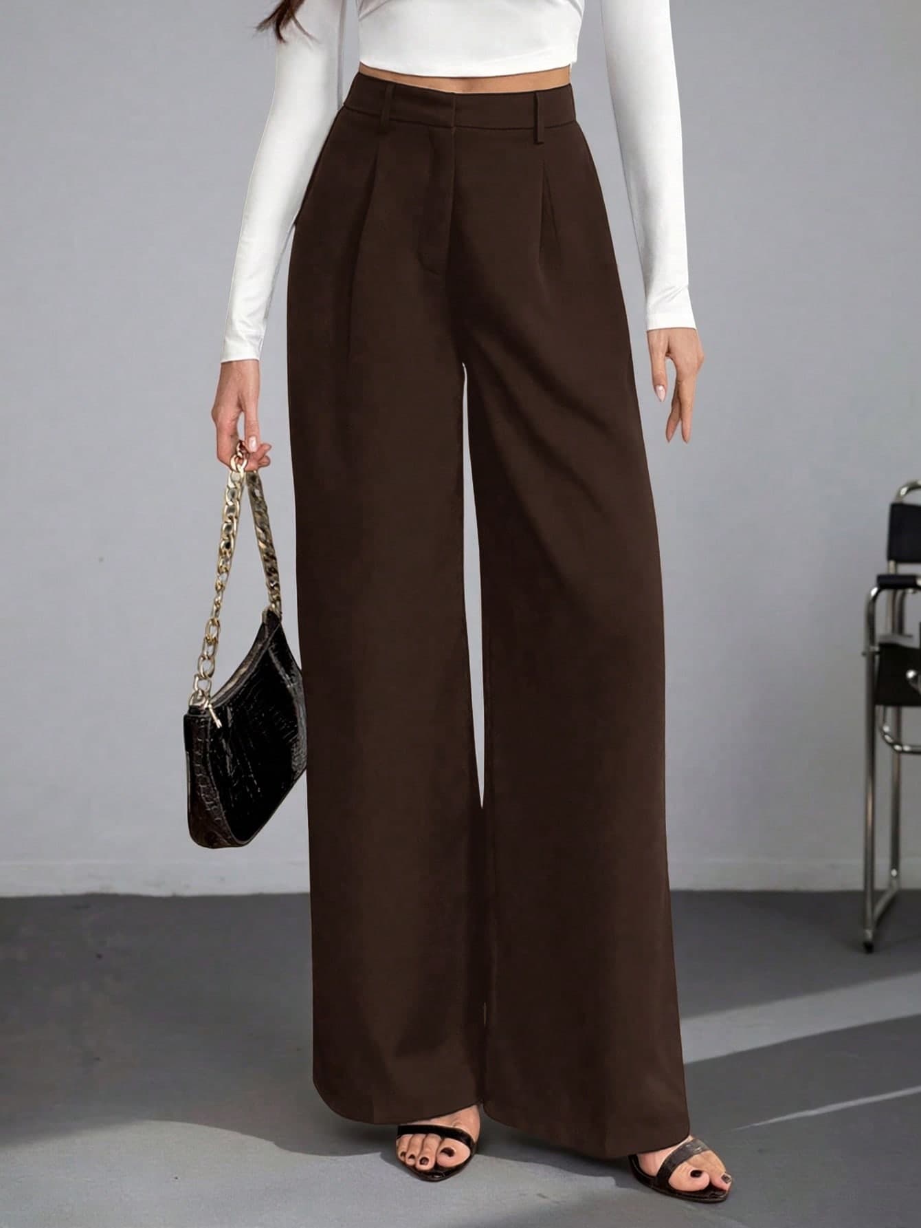 SHEIN Tall Casual Versatile Solid Color High Waisted Wide Leg Pants,Tall Casual Autumn And Winter Style