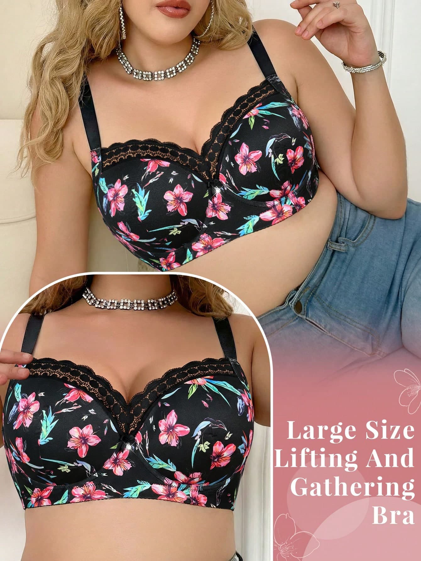 DesireSculpt Plus Size Black Printed Lace Patchwork Comfortable Supportive Wide Strap Bra, 1pc Plus Size Lingerie Lingerie For Women Plus Size Plus Size Bra
