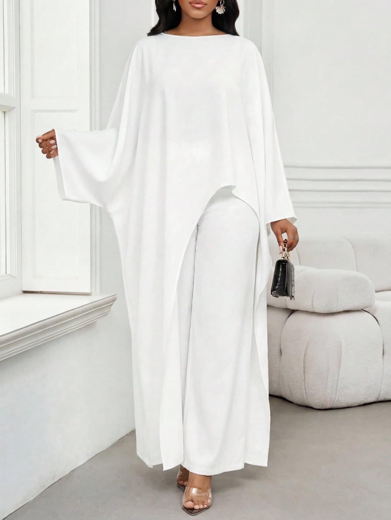 SHEIN Lady White Plus Size Women Long Top And Wide Leg Pants 2 Pieces Set Outfits Muslim Jumpsuits Elegant Party Wedding Guest Dinner Formal Gown Al-Adha Autumn