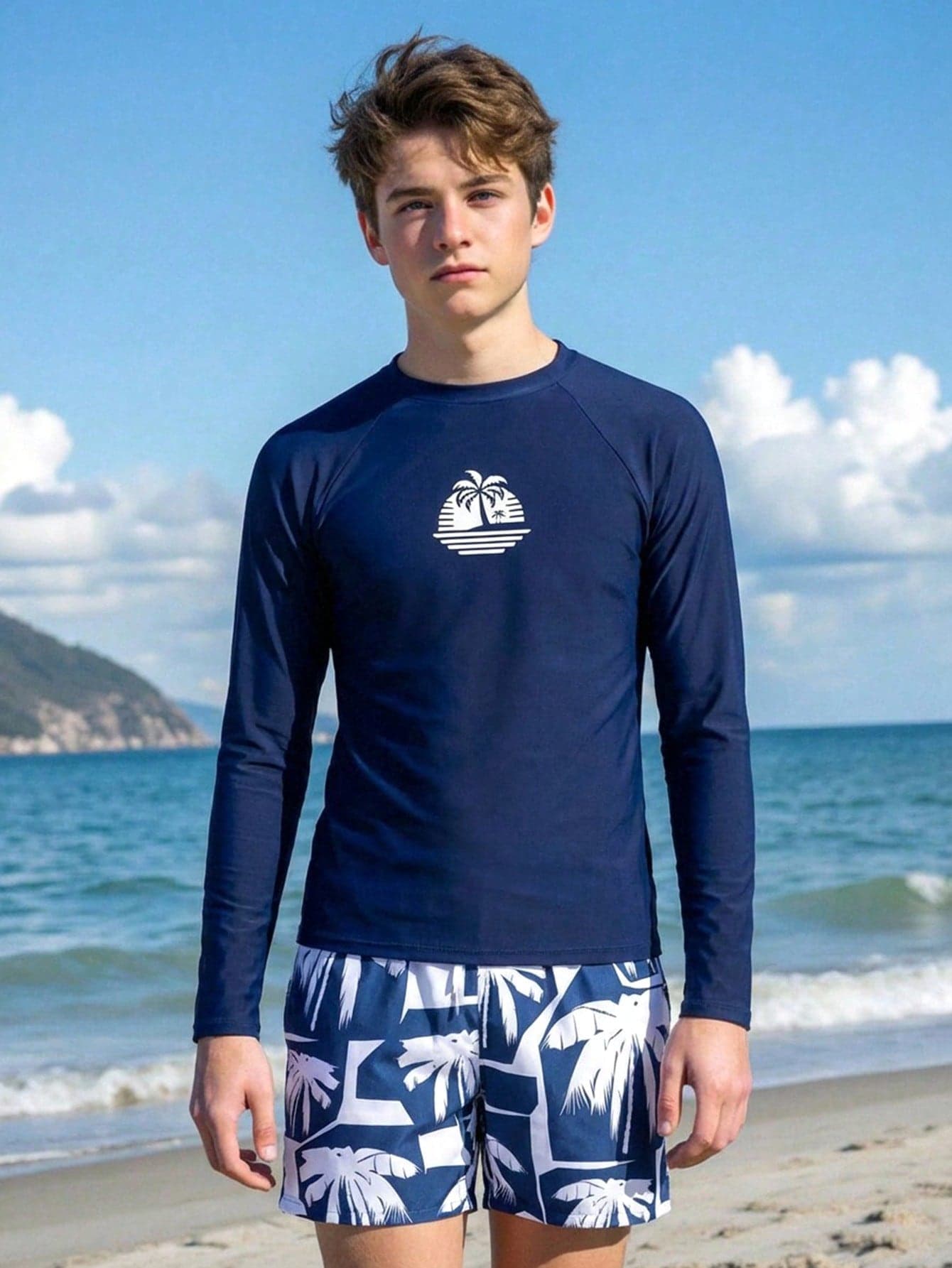SHEIN Boys Swim Set,2 Pieces UPF 50+ Navy Swim Trunks And Long Sleeve Rash Guard For Teen Boy,Quick Dry Bathing Suit,Summer Beach Holiday Swimwear 12-16Y