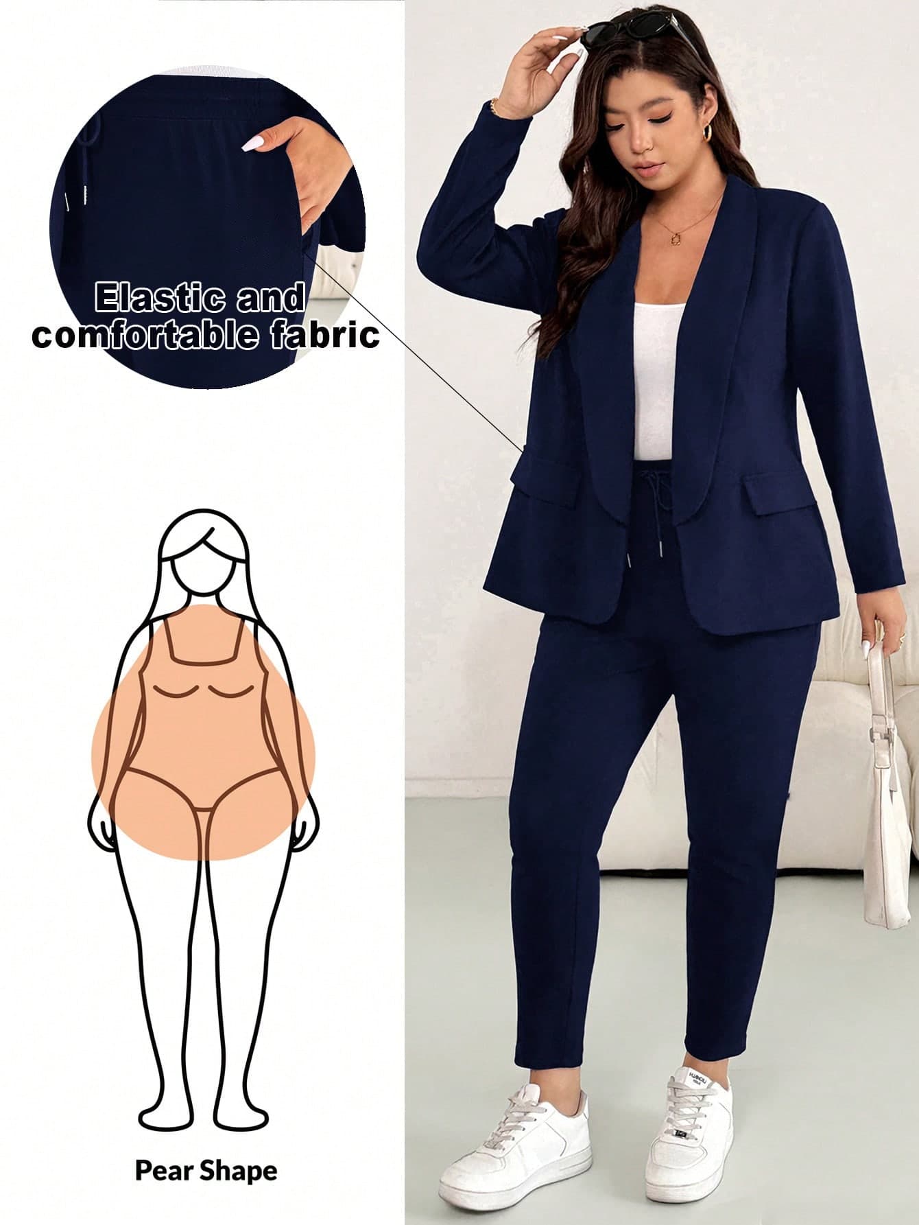Shapeblank Plus Size Women's Navy Blue Autumn Casual Bussines Everyday Fashion Loose Comfortable Suit Jacket And Leggings Two Pieces Set,Fall Outfits,Work Wear