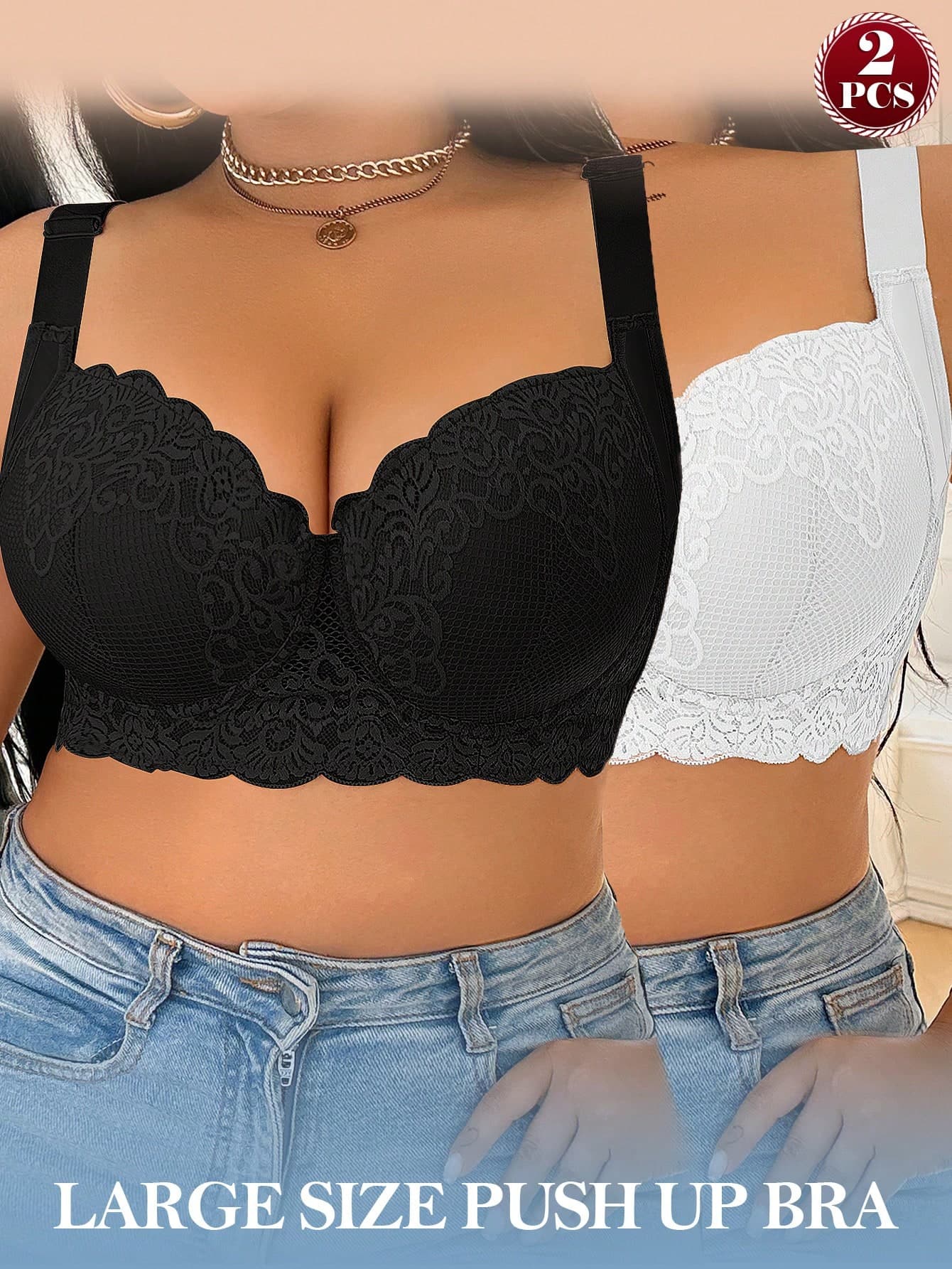DesireSculpt Two Piece Plus Size Push Up Bra In Lace Fantasy Elegant Style Multicolor