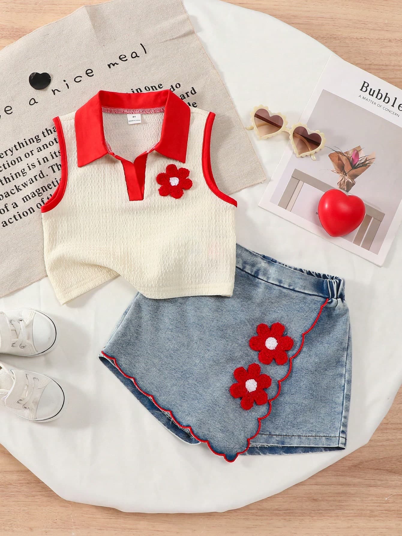 Genkimix Kids Young Girls Adorable Sleeveless Top V Neck With Floral Applique And Short Denim Skirt Co-Ords Baby Blue K Pop