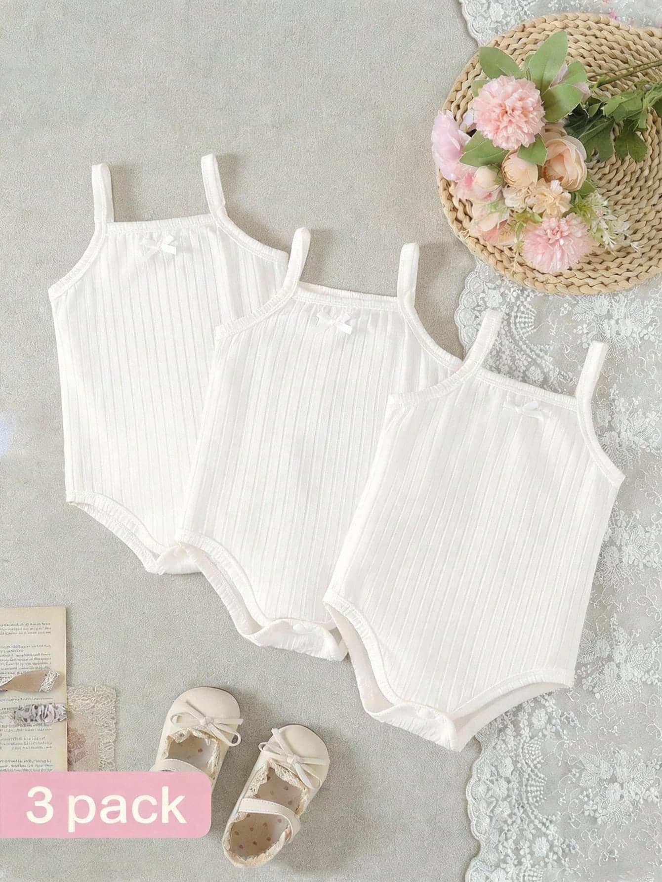 SHEIN 3pcs/Set Baby Girl Casual Cute Colorblock Strap Romper, Summer