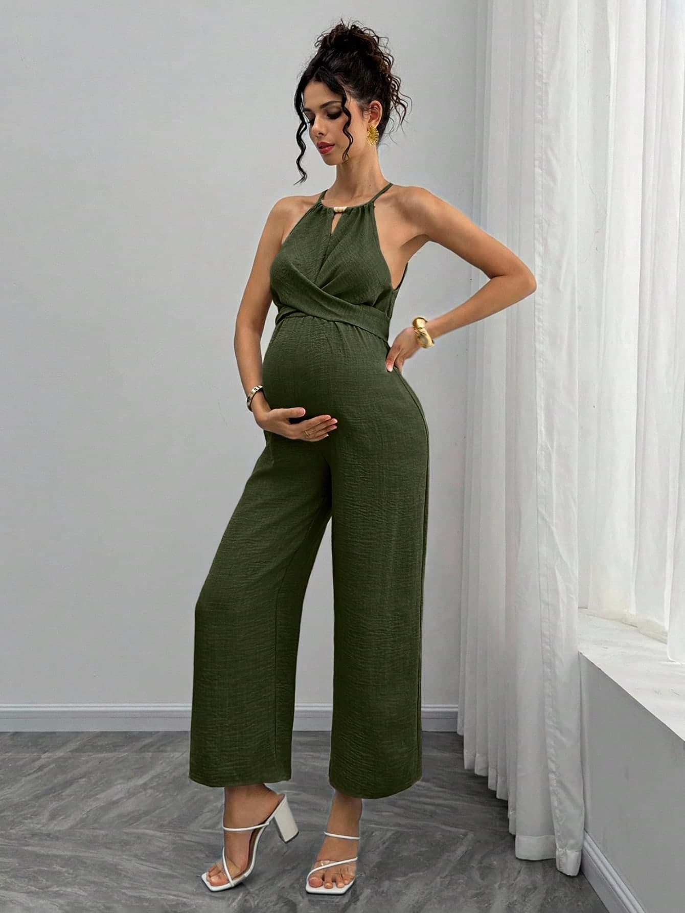 Momance Maternity Jumpsuit With Wooden Bead Halter Neck, Tie Front Waist Bow Detail, Full Length Pants