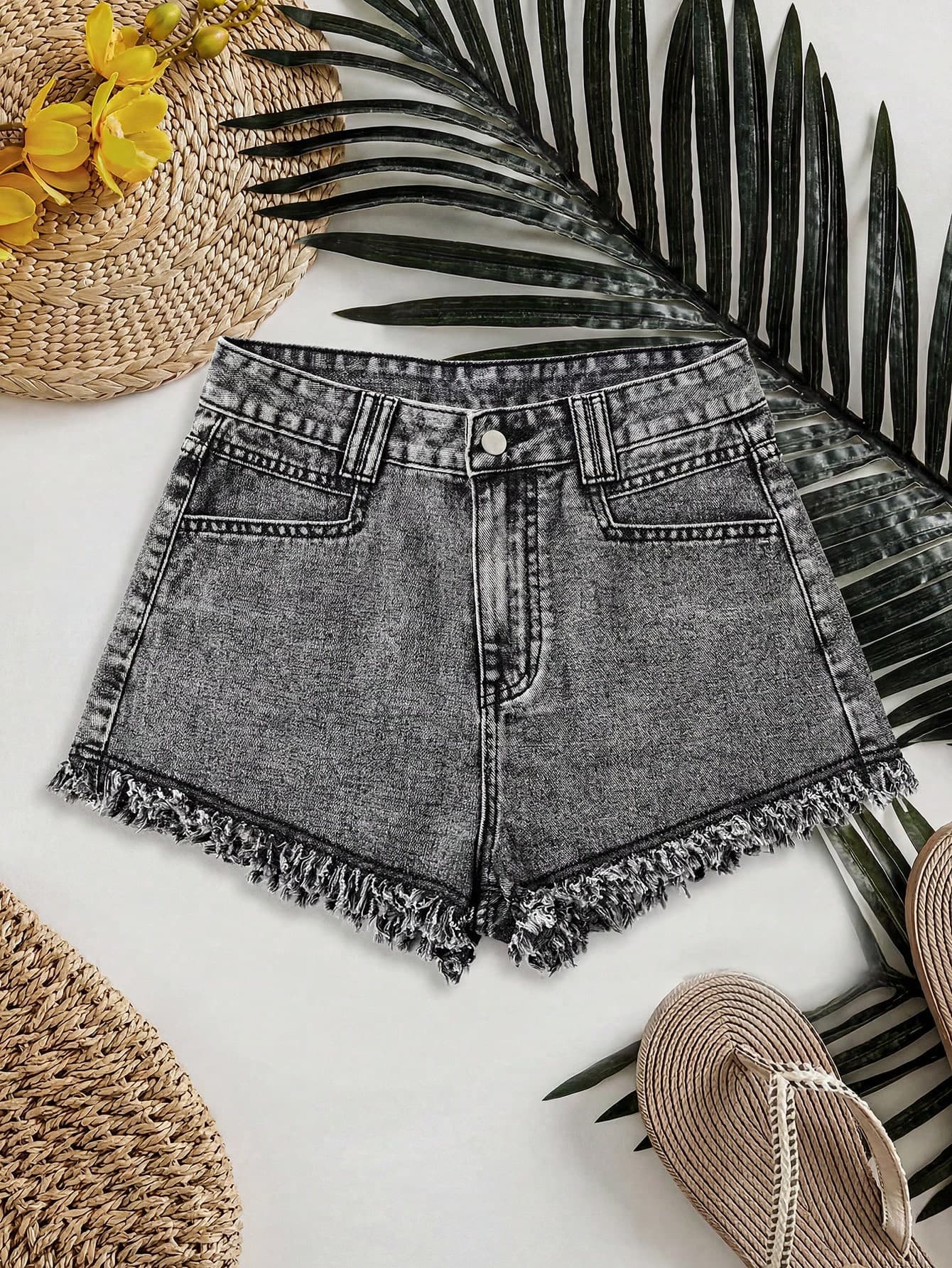 SHEIN Essnce Women's Casual Distressed Denim Shorts With Slant Pockets, Summer Vacation Dark Grey