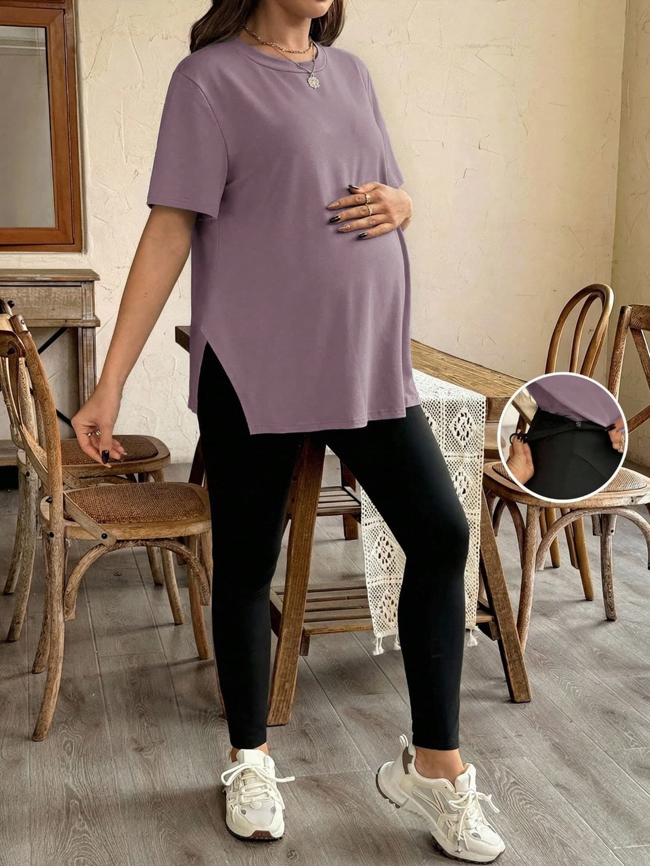 SHEIN 2pcs Maternity Casual Slit Short Sleeve T-Shirt And Skinny Pants Set, Summer