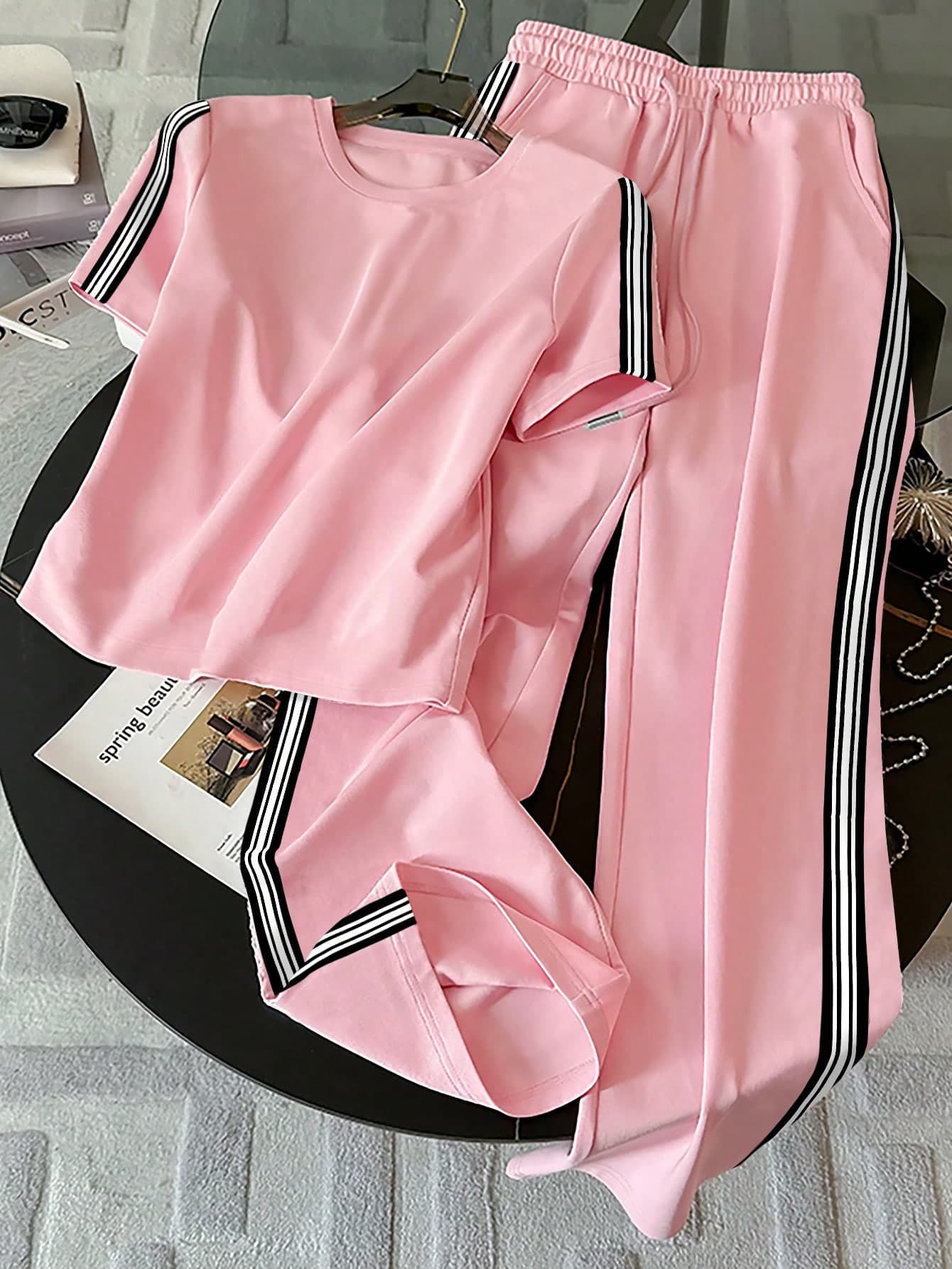 Resyla Striped Knit Fabric Fashionable Minimalist Women Round Neck T-Shirt Set, Gift For Friends