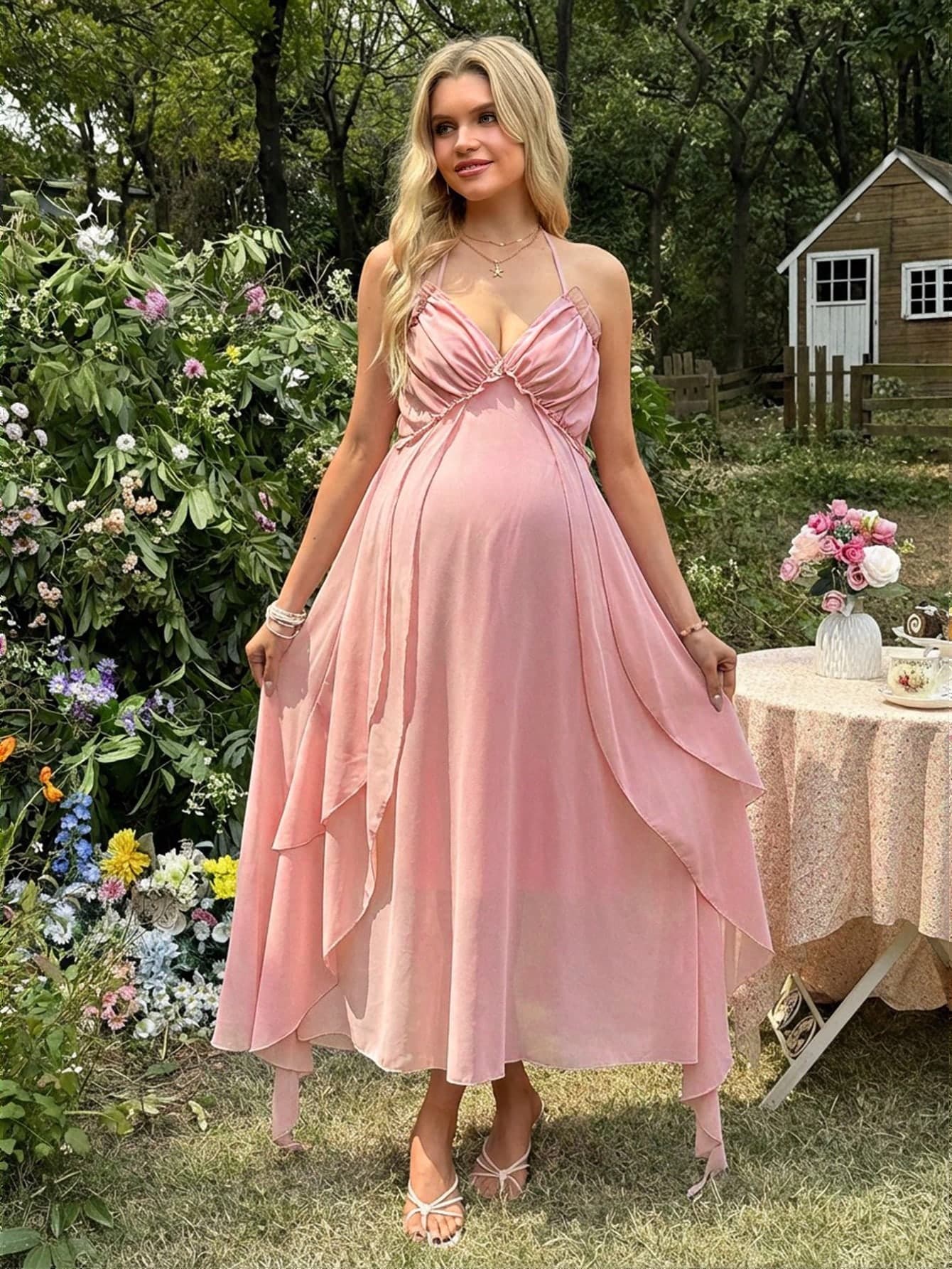 SHEIN Maternity Summer Elegant Ruched Halter Dress
