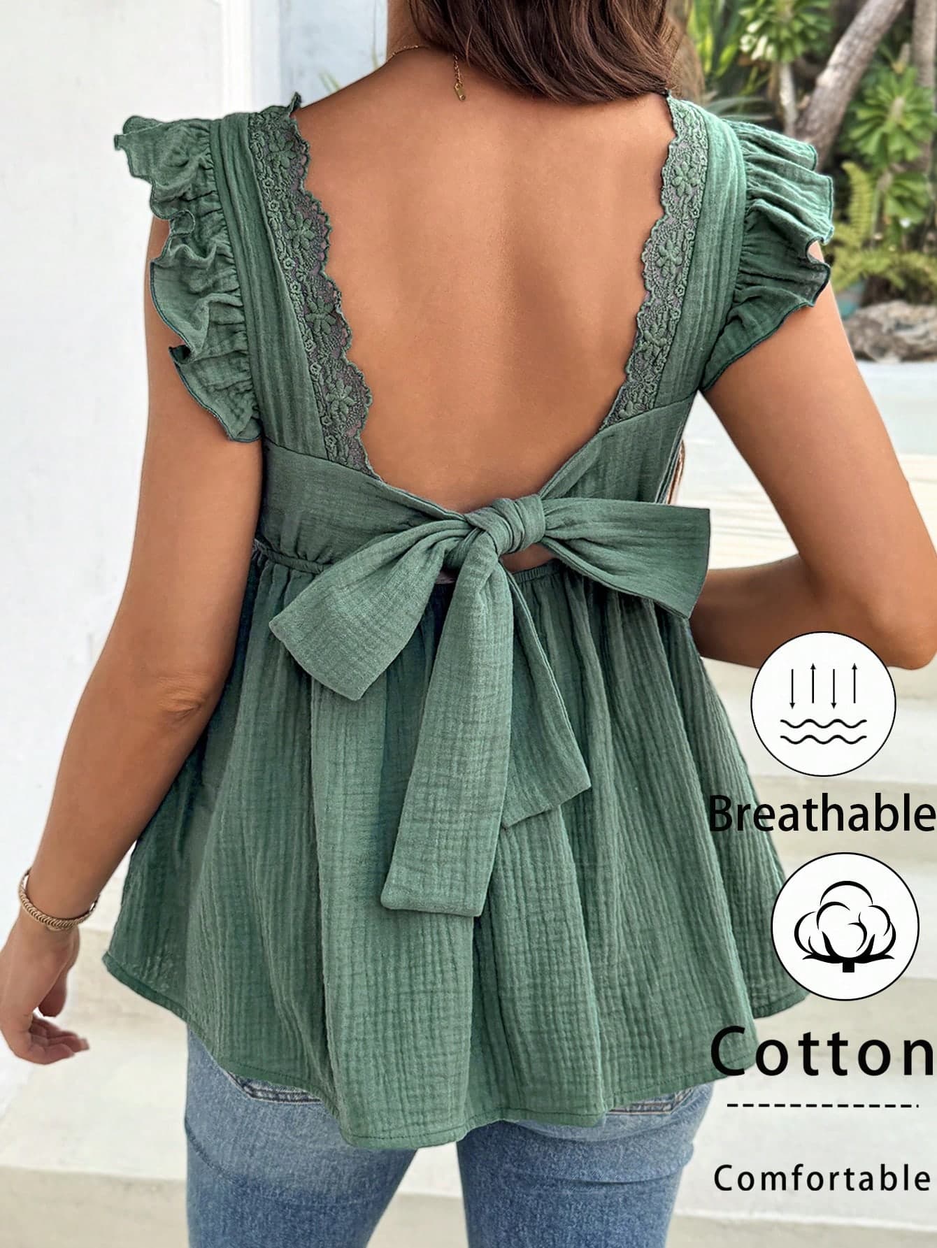 SHEIN Women's Sage Green Summer Cotton Tops,Boho Maternity Holiday Vacation Shirt,Backless Butterfly Tie,Lace Trim Ruffled Hem V-Neck Babydoll Blouse