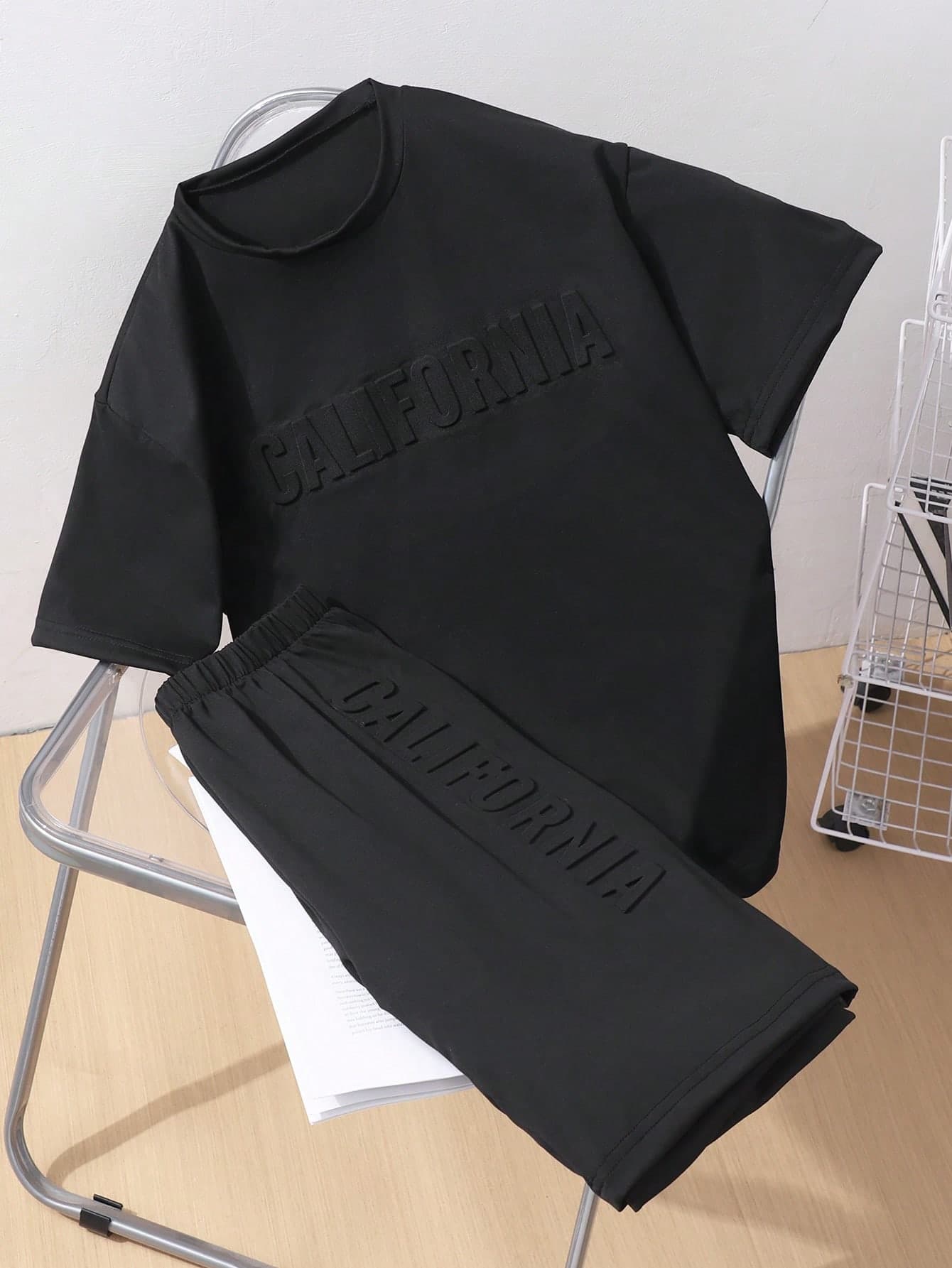 Mirajuku 2pcs Teenage Boys' Turquoise Casual Vacation Fashion Sports Short Sleeve T-Shirt And Shorts Set, 3D Letter Print Minimalist Sports Outfit, Summer
