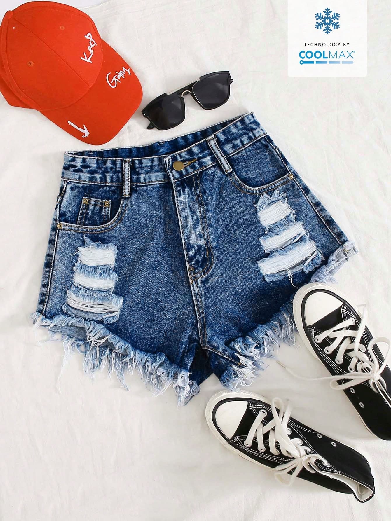 SHEIN Essnce Women's Summer Casual Ripped Frayed Hem Slant Pocket Denim Shorts