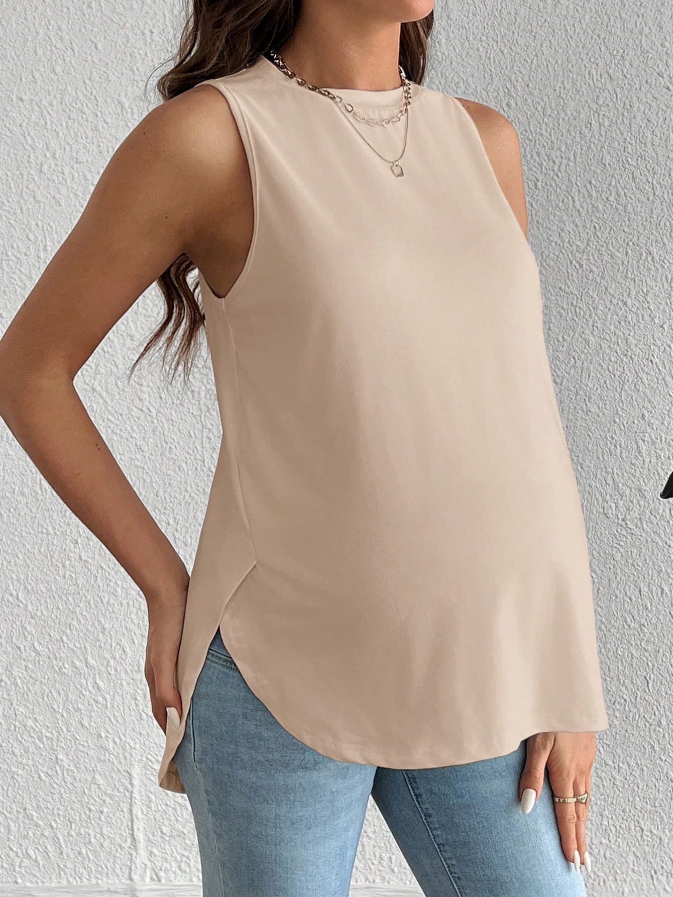 SHEIN Maternity Casual Daily Commute Solid Color Curved Hem Tank Top, Summer