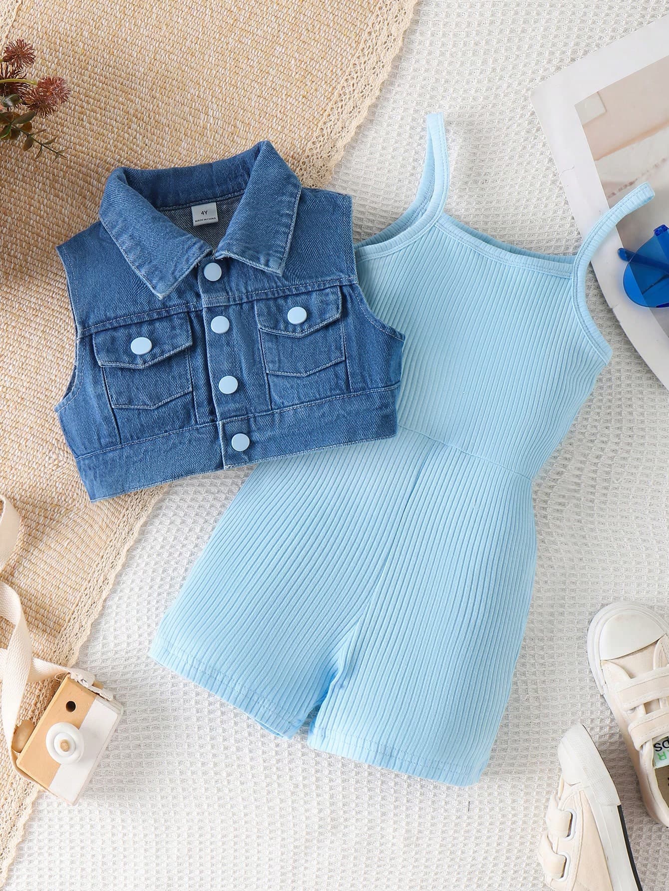 SHEIN Elladie kids Young Girls Stylish Baby Blue Sleeveless Short Jumpsuit Fabric With Striped Denim Jacket Casual Everyday Outfit Squishy Summer Sets