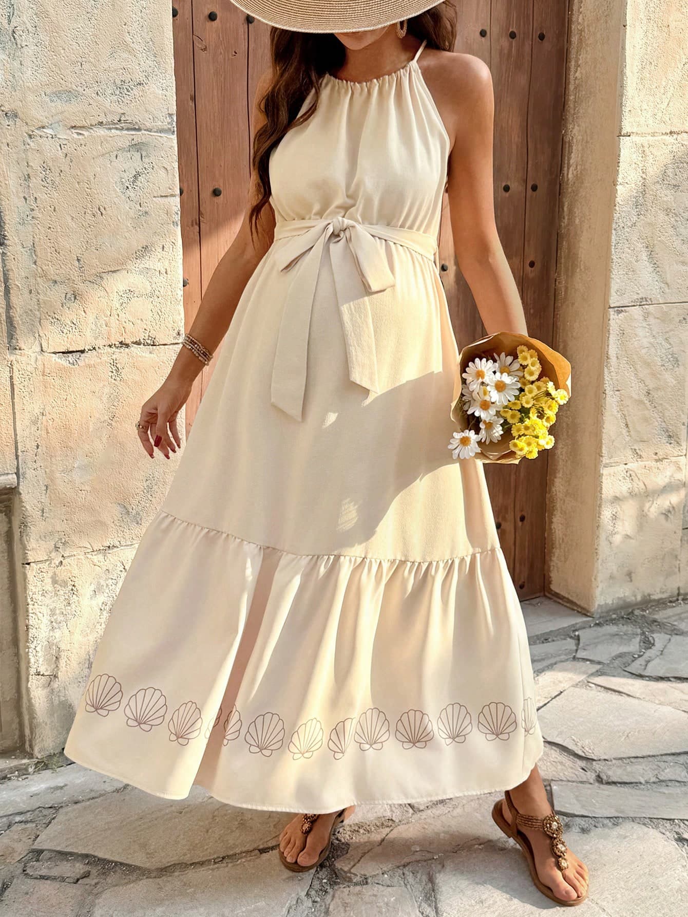 SHEIN Maternity Shell Print Ruffle Hem Belted Halter Dress,Maternity Vacation Holiday Summer Boho Elegant Sleeveless Cream Beach Dress For Women Outfit