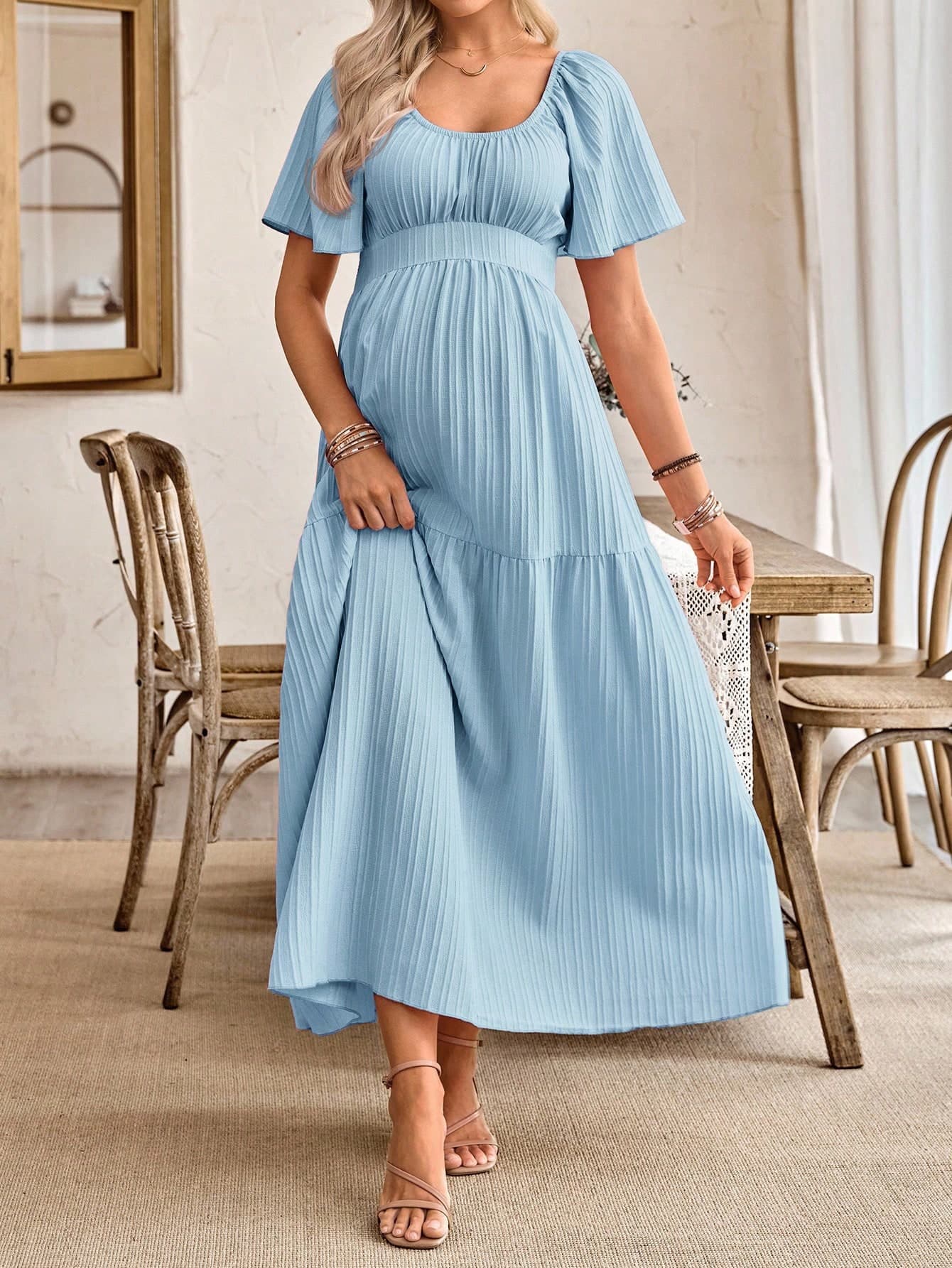 SHEIN Maternity A-Line Dress With Ruffle Sleeves, Bow Back Design