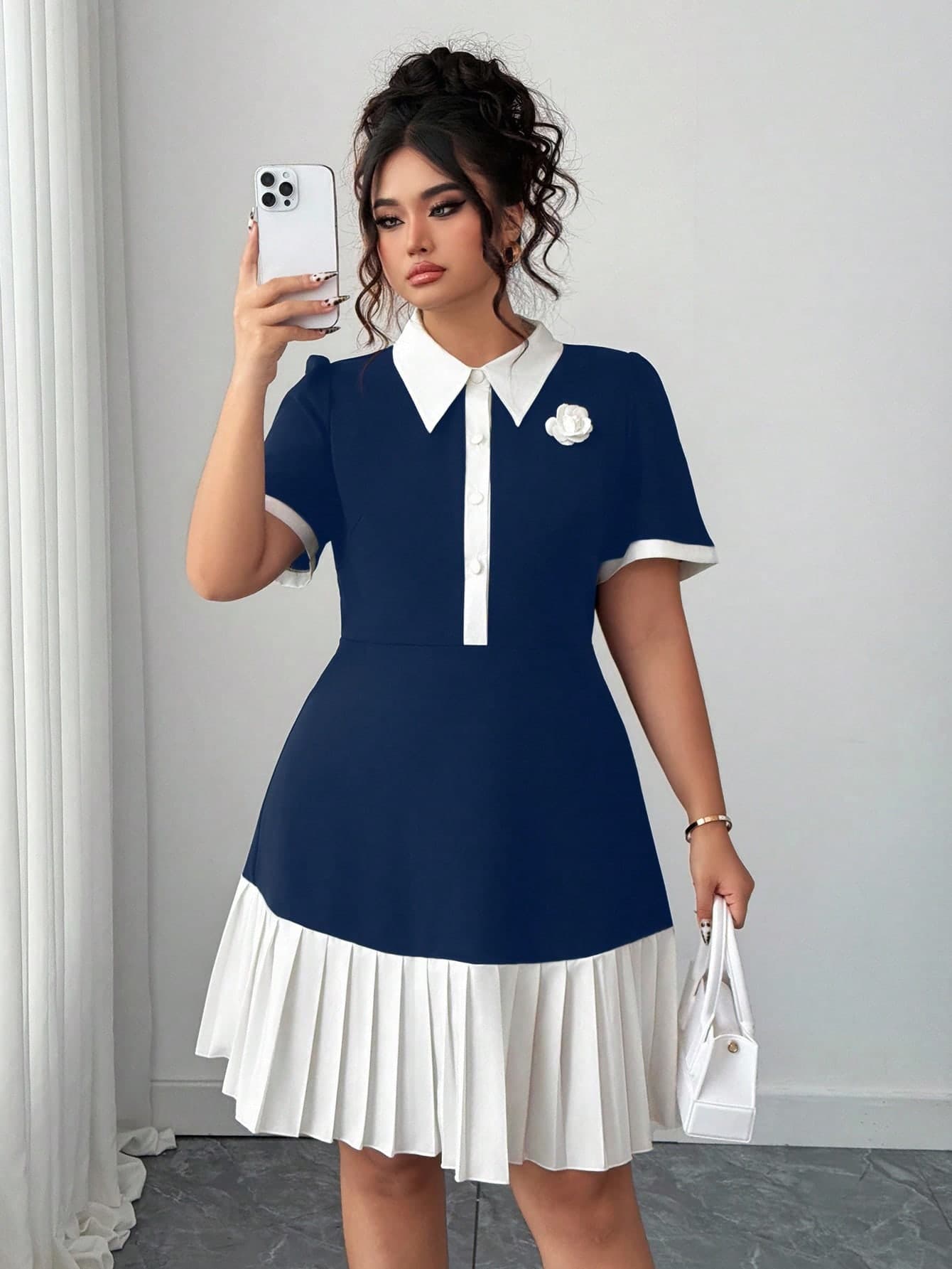 Elenzga Plus Size Elegant Navy Blue Summer Dress,Shirt Collar Short Sleeve Chest Flower Decor Pleated Hem,Graduation & Back-To-School Business Casual Wear