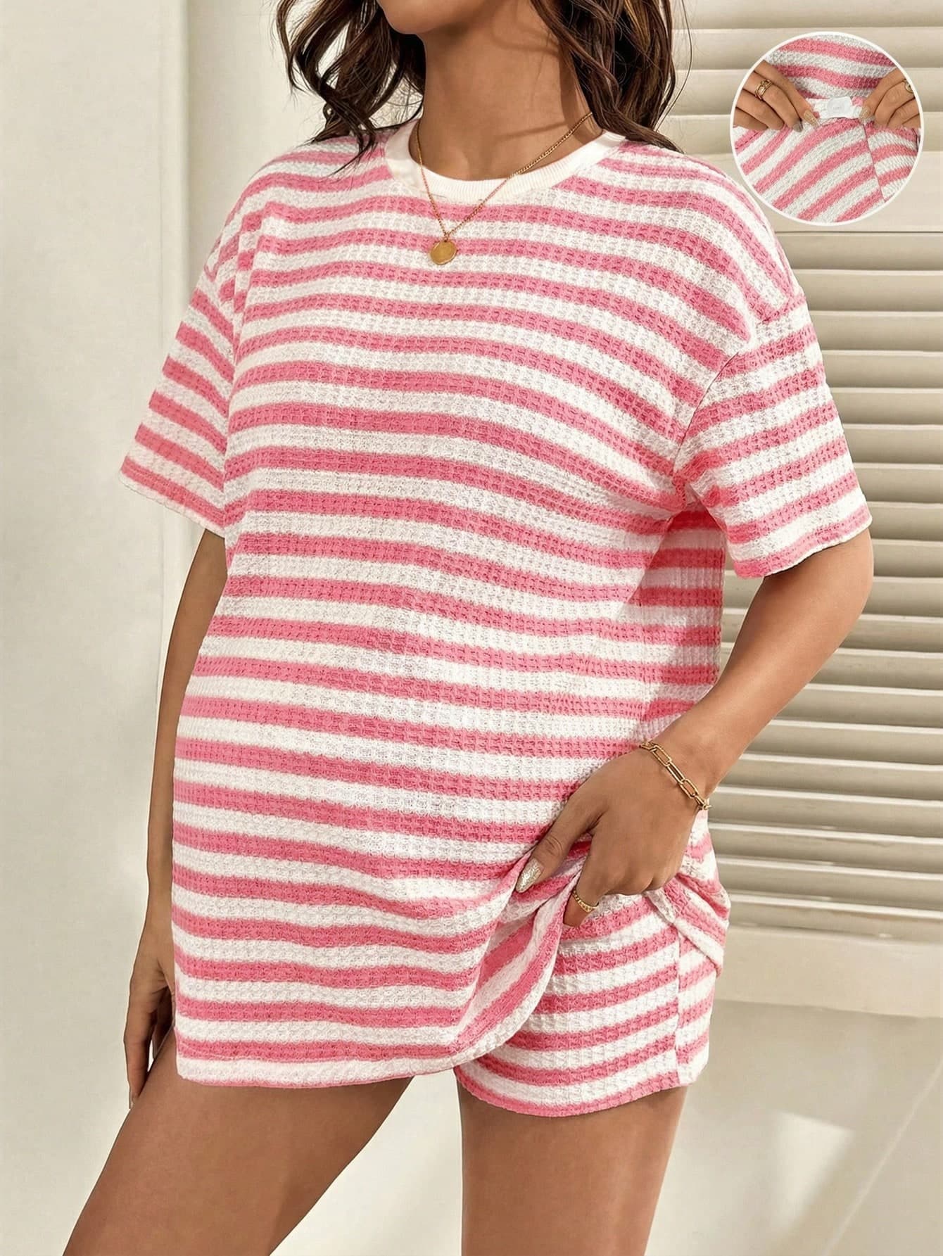 SHEIN 2pcs Maternity Striped Print Round Neck Short Sleeve Top And Shorts Casual Set World Cup