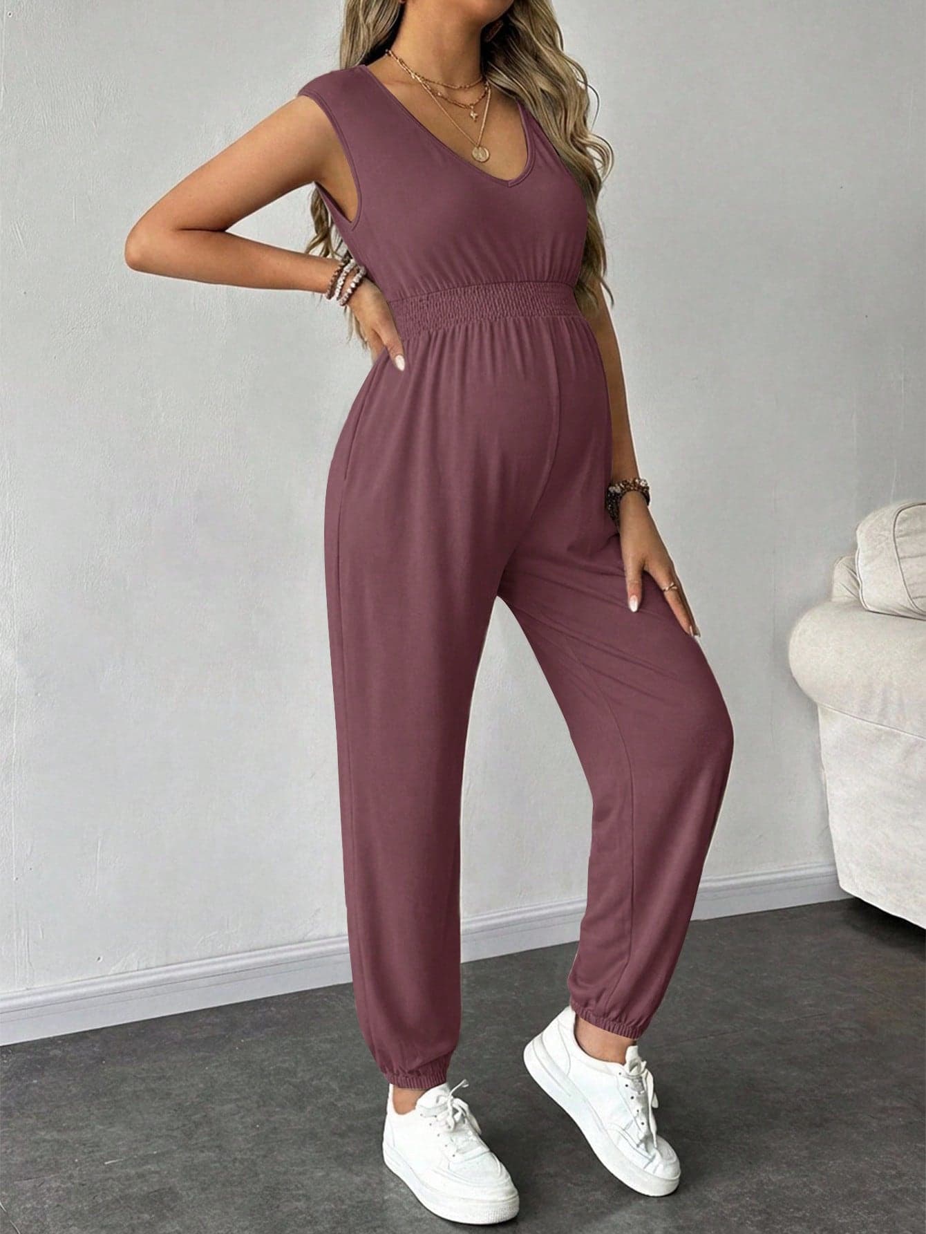 SHEIN Maternity Casual Commuting Solid Color Shirred Cinched Waist Jumpsuit