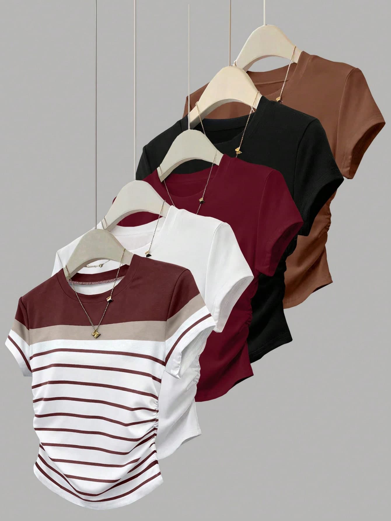 SHEIN 5pcs/Set Women's Summer Casual Slim Fit Short Sleeve T-Shirts,Digital Printing,Burgundy,Black,Coffee,Brown,White,City Break,Outdoor,Office,Home Wear