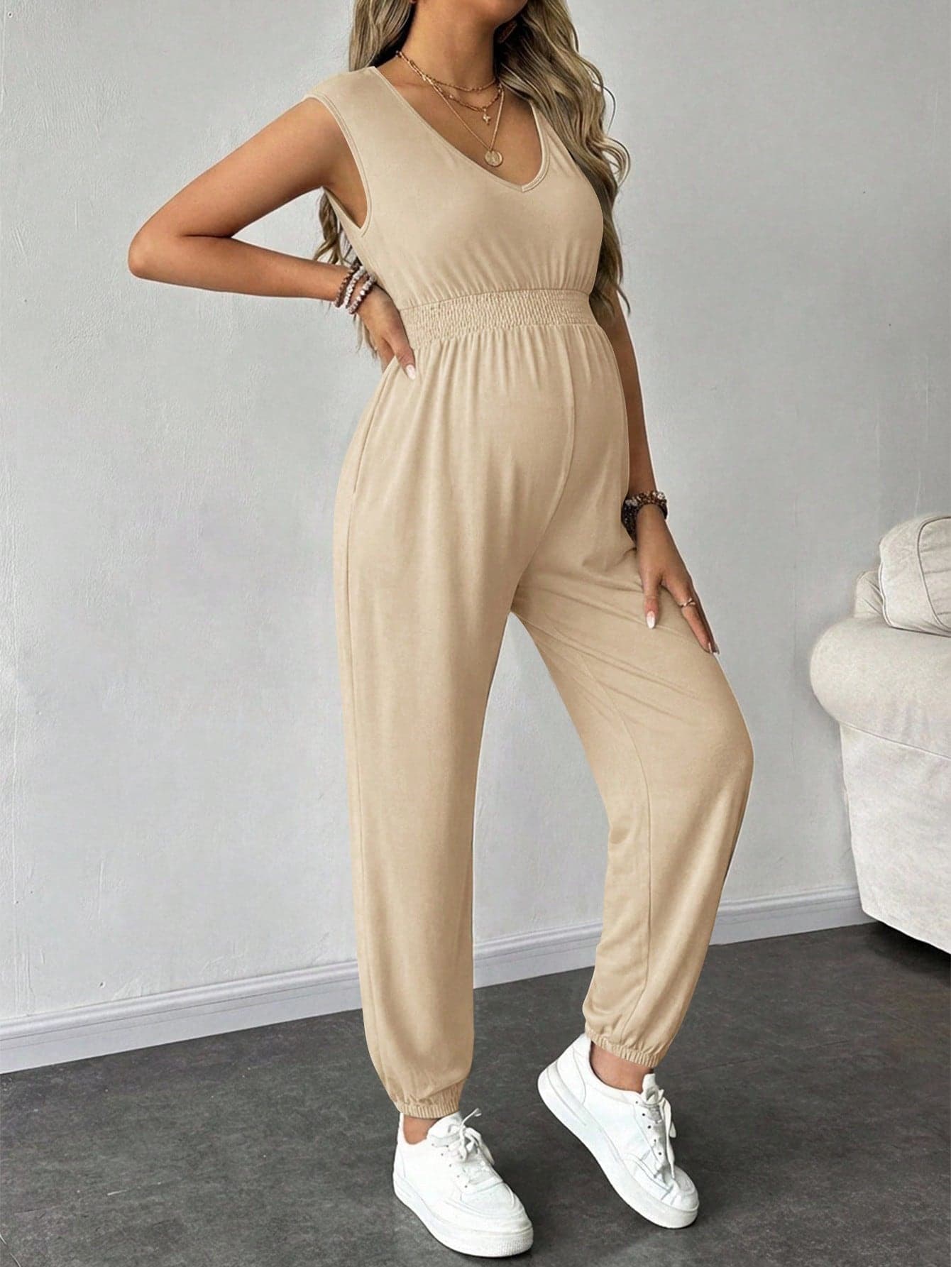 SHEIN Maternity Solid Shirred Sleeveless Jumpsuit, Casual Summer