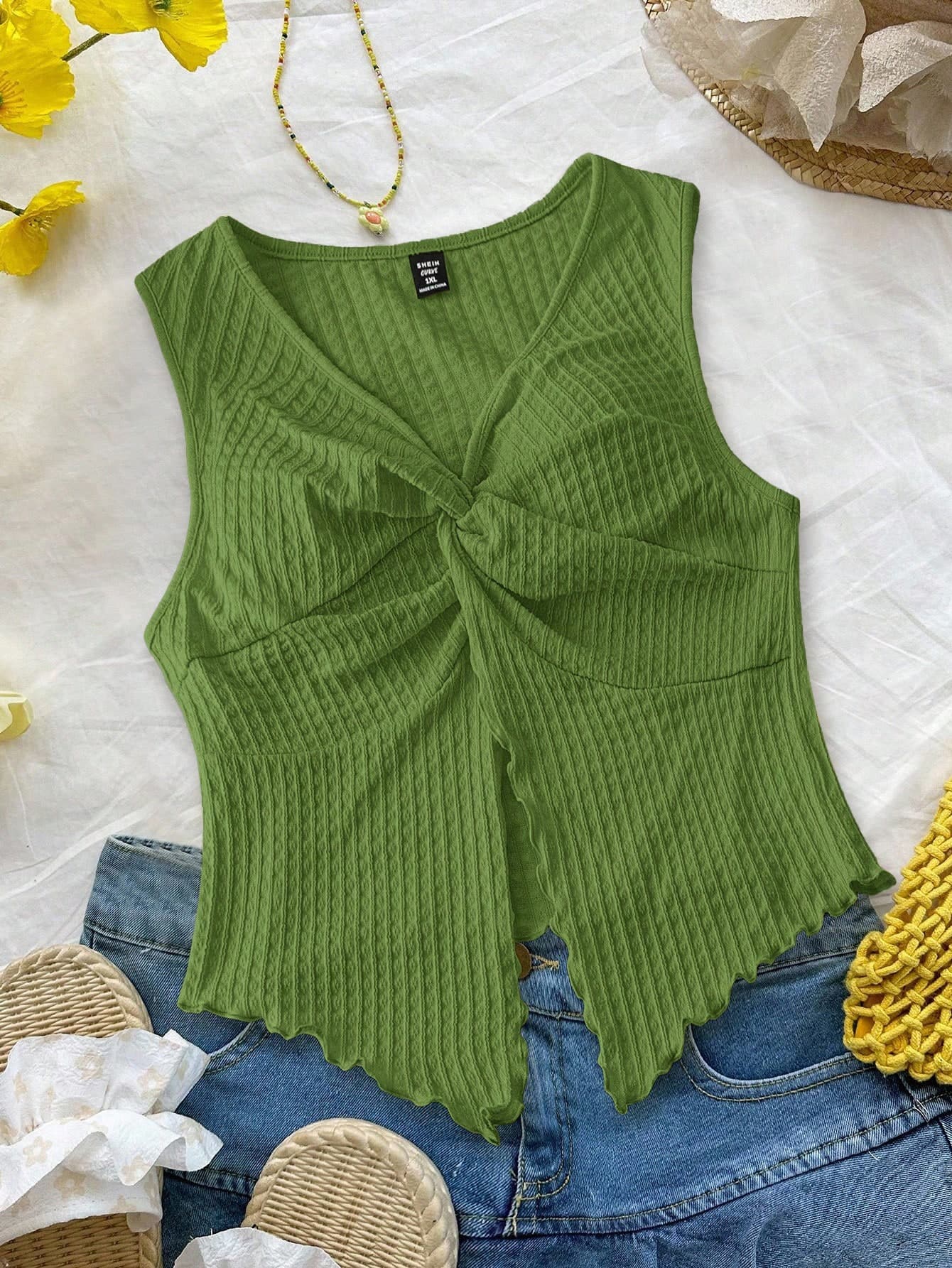 SHEIN Essnce Plus Size Women's Olive Green Summer Smart Casual Vacation V-Neck Slim Twist Sleeveless Top,Boho Beach Ibiza Hawaii Rave Cute Curve Tops