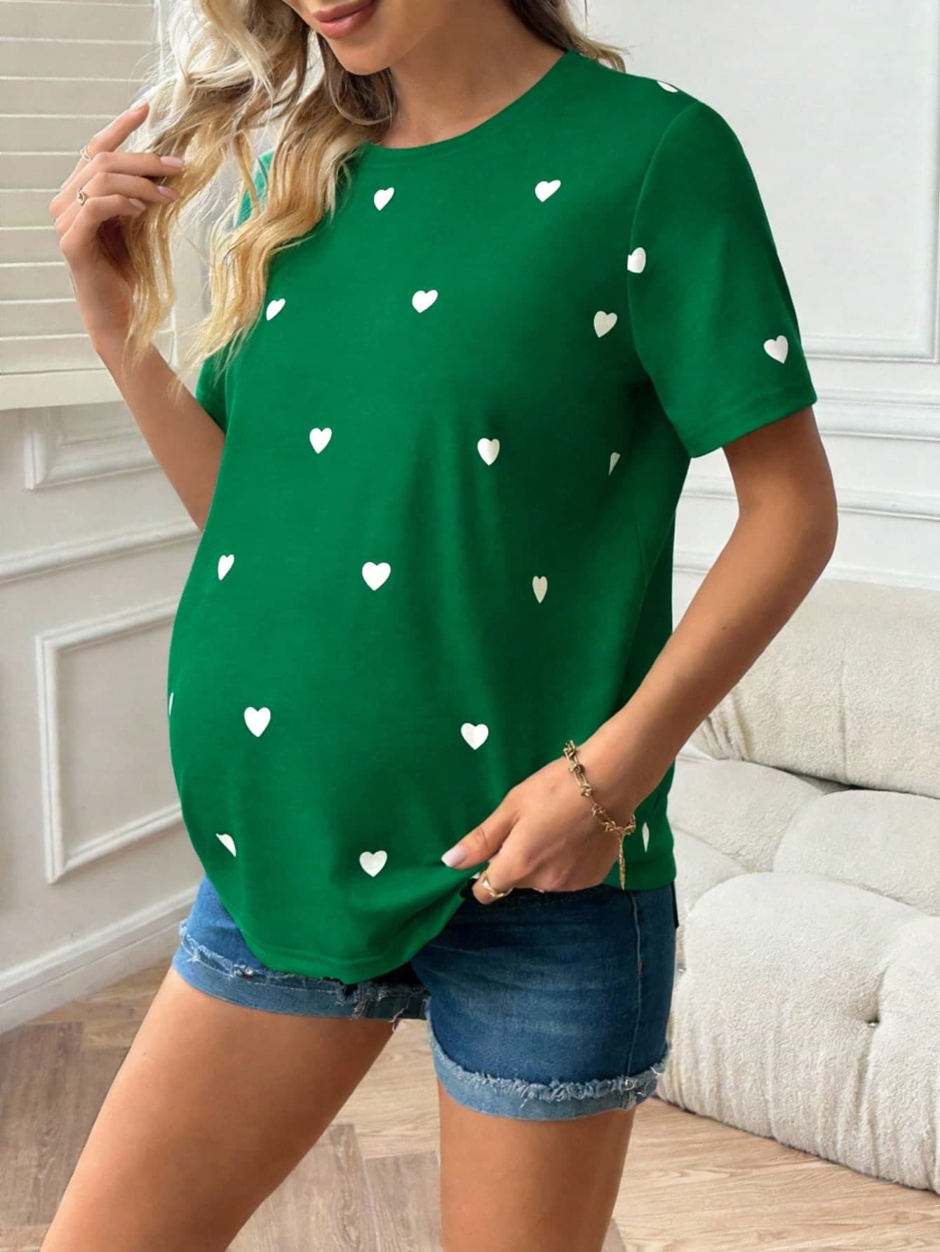 SHEIN Maternity Heart Print Casual Round Neck Short Sleeve T-Shirt, Summer