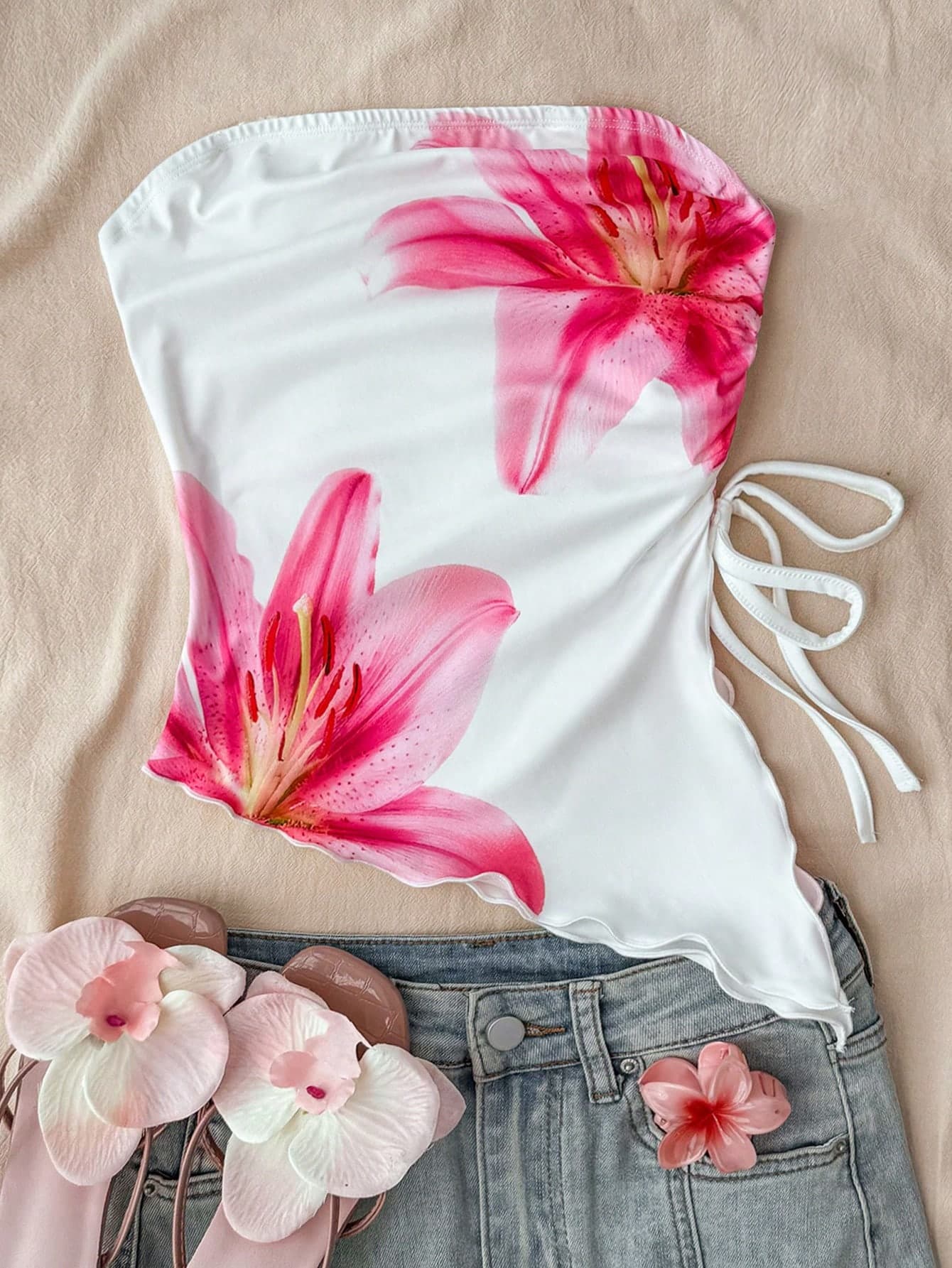SHEIN Tween Girls White Knit Floral Print Asymmetrical Hem Tube Top Camisole With Drawstring, Spring/Summer