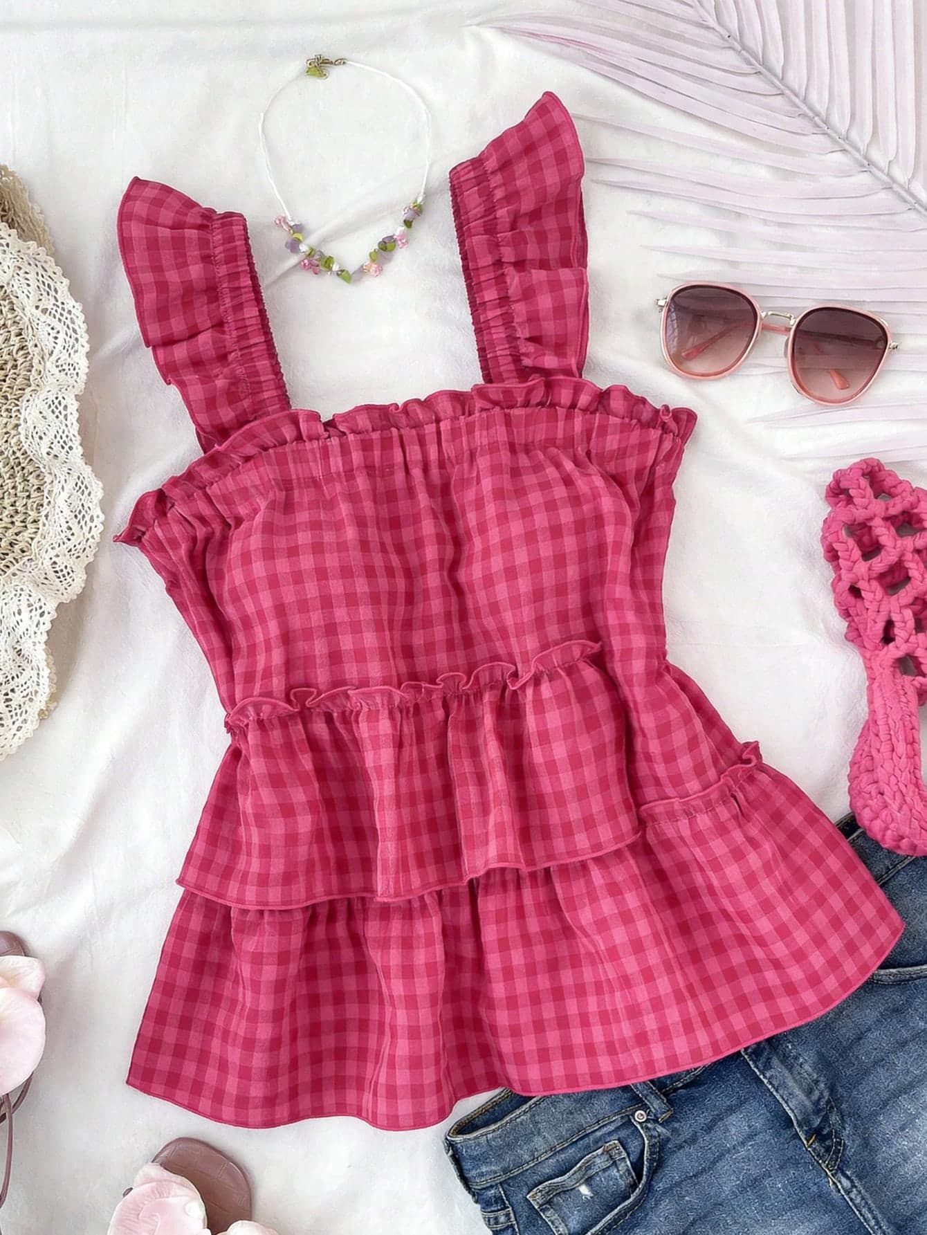SHEIN Teen Girl Ruffle Details Sweet And Lovely Casual Plaid Sleeveless Top,Hot Pink Summer Cute Vacation Holiday Checkered Gingham Tea Party Age 10-12