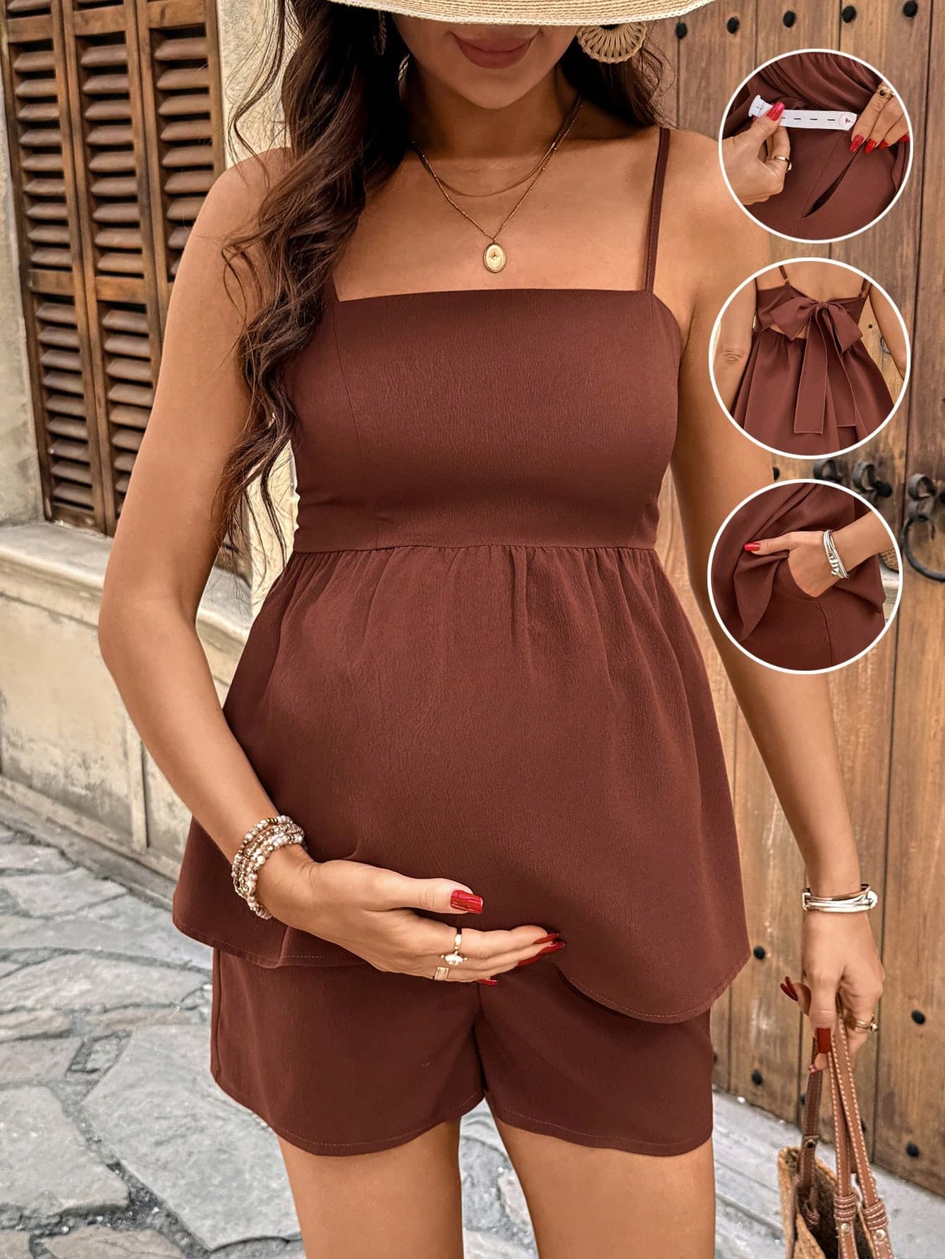 SHEIN Maternity Summer Casual Vacation Solid Color Ruffle Hem Camisole And Shorts 2 Pieces Set, Outfits,, Outfit For Women, Spring , Break