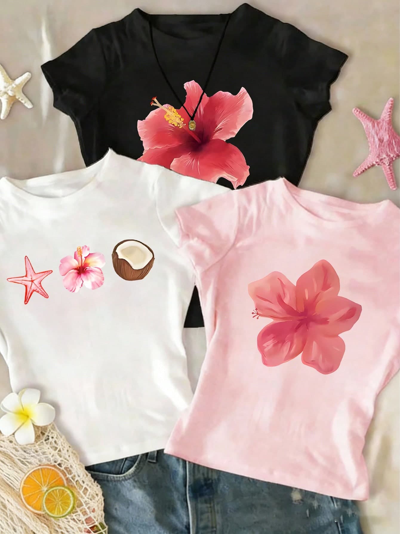 Tween Girls Flower & Shell Print Cropped Short Sleeve T-Shirt,Black And Pink,Summer,Boho,Casual,Vacation,Holiday Comfortable Design For Sports,School