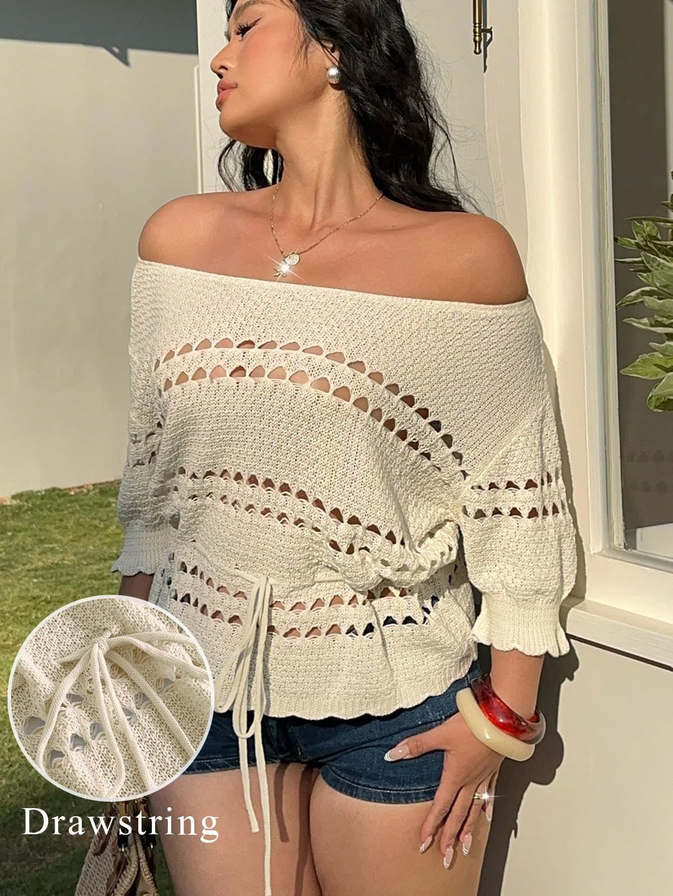 Sunnyshic Women's White Autumn Boho Vacation Elegant Off-Shoulder Hollow Out Ruffle Knit Crochet Sweater,Plus Size Drawstring Waist-Defining Pullover Top