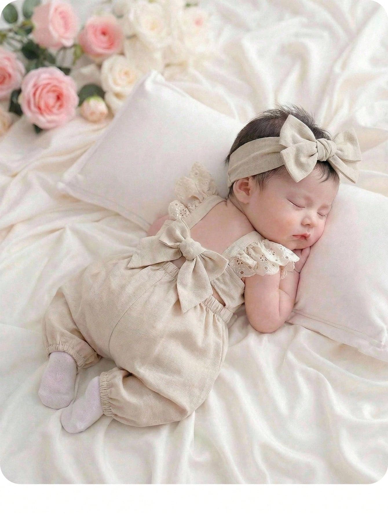 Newborn Baby Girl Cute Casual Versatile Apricot Bow Tie Cap Sleeve Romper One-Piece Pants Ruffle Strap Comfortable&Suitable For Summer Girl's Lace