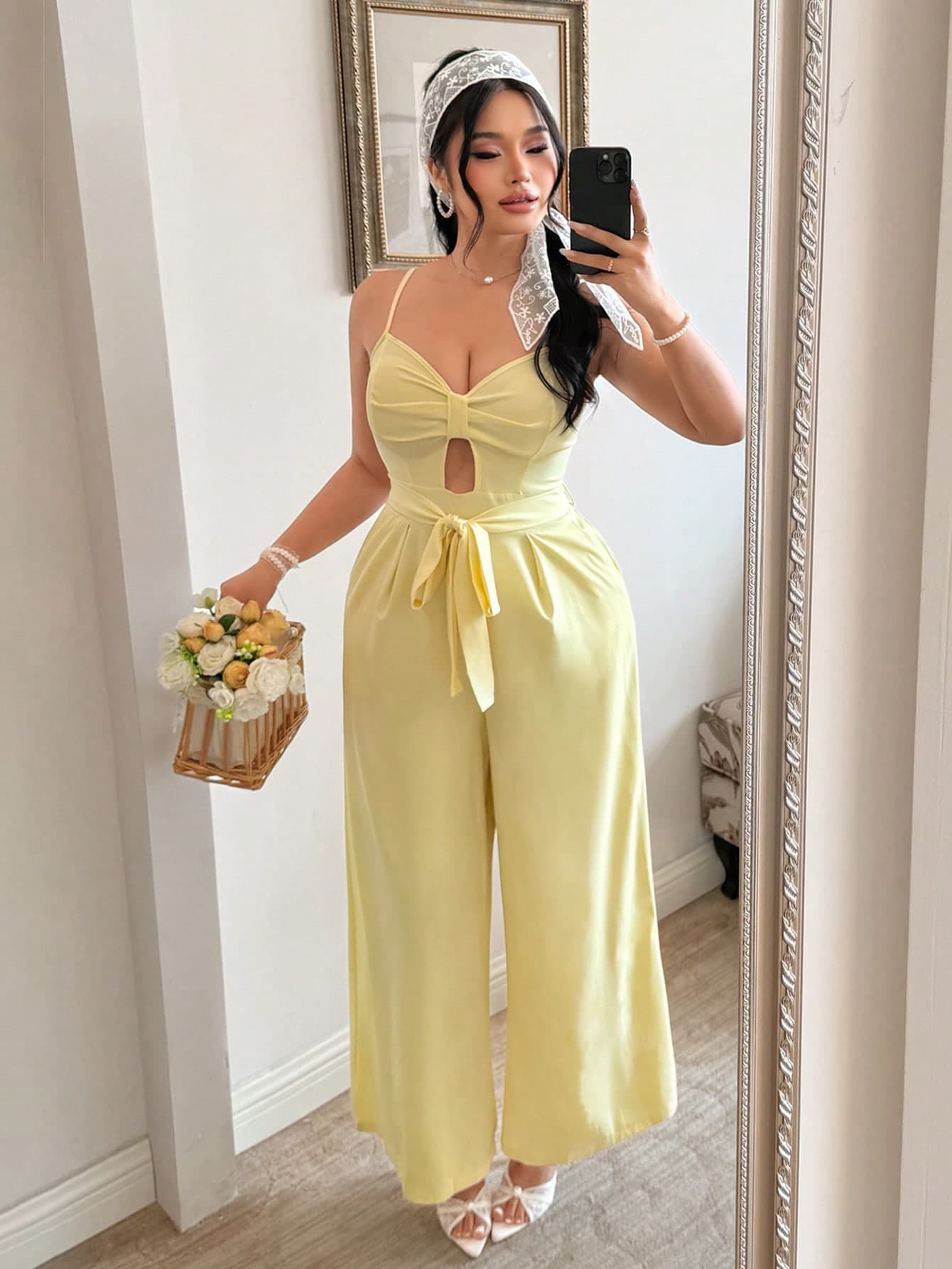FleurLily Plus Size Women's Spaghetti Strap Bow Tie Hollow Out Cinched Waist Elegant Long Jumpsuit For Summer Vacation, Butter Yellow Smart Casual Outing Date Set