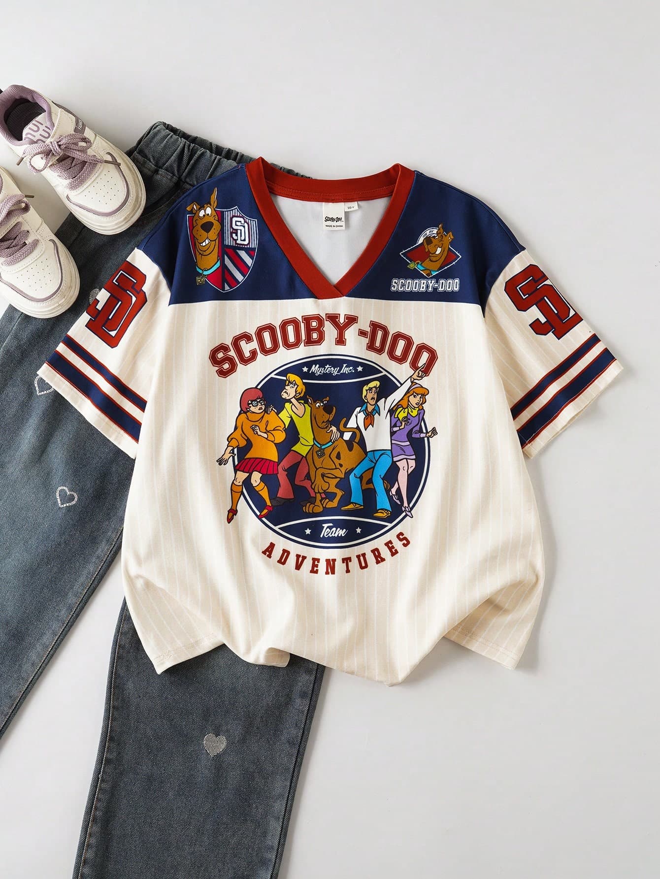 SCOOBY-DOO X SHEIN Tween Girls' Casual Fashionable Street Style Everyday Commute Cartoon Letter Print Contrast Color V-Neck Loose T-Shirt, Summer
