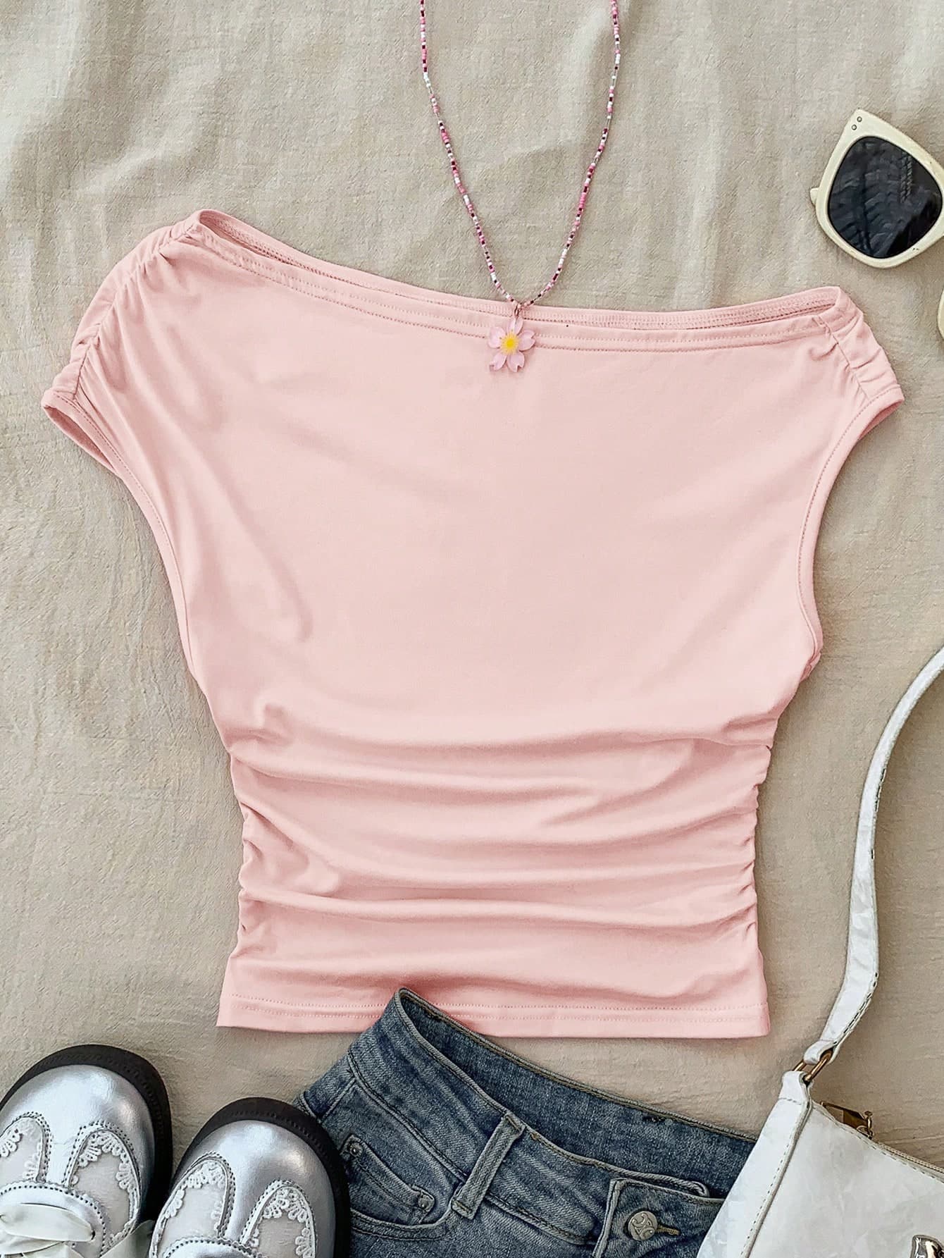 Teen Girls' White Knit Casual Minimalist Polka Dot Print Asymmetric Ruched Cropped Top,Suitable For Spring/Summer,Personalized Styling,Daily Wear