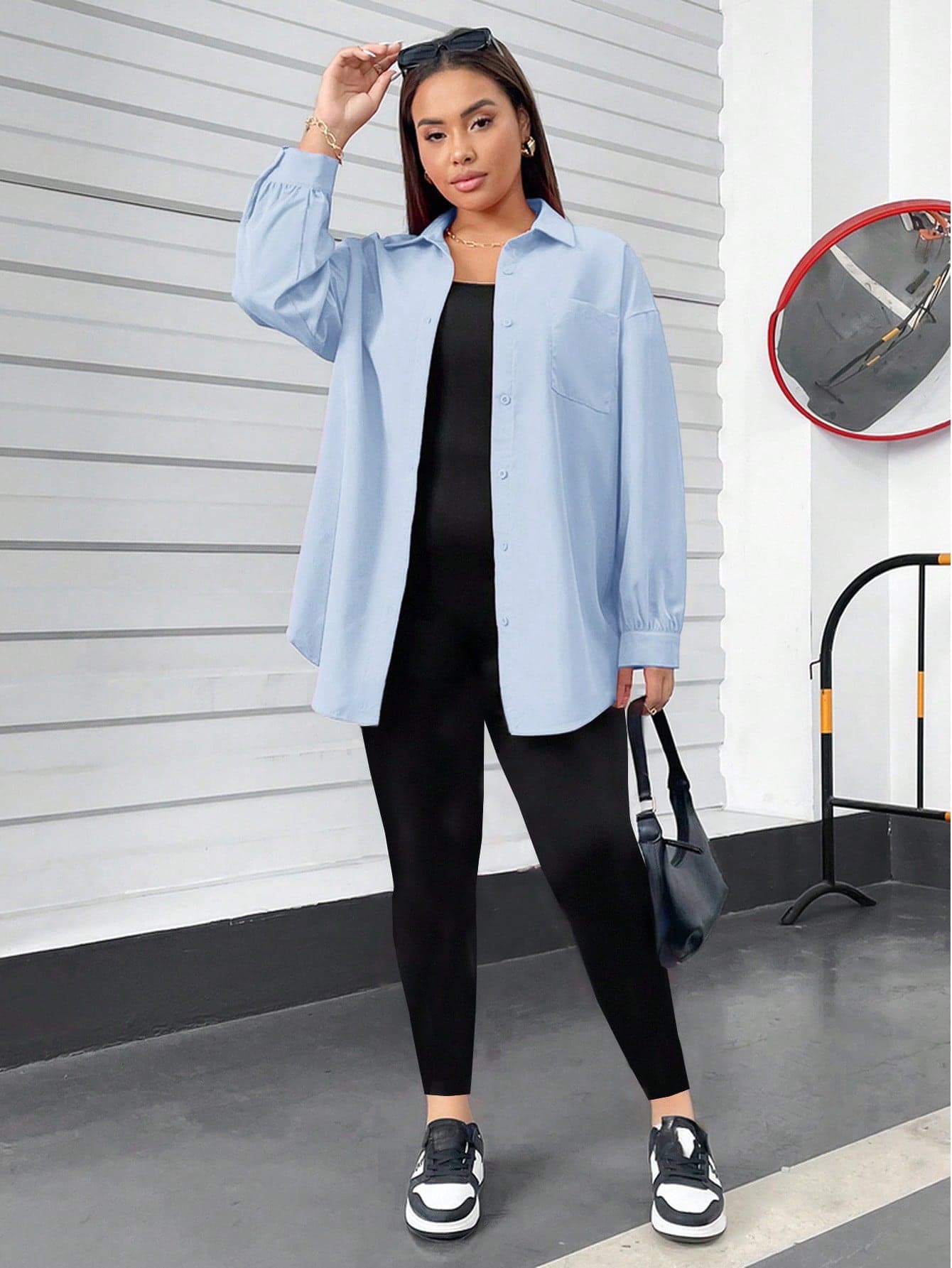 SHEIN Essnce Plus Size Women's 2 Pieces Set,Light Blue Long-Sleeved Button-Up Shirt & Black Tight Vest Jumpsuit,Autumn Everyday Smart Casual Airport Outfit,Y2k