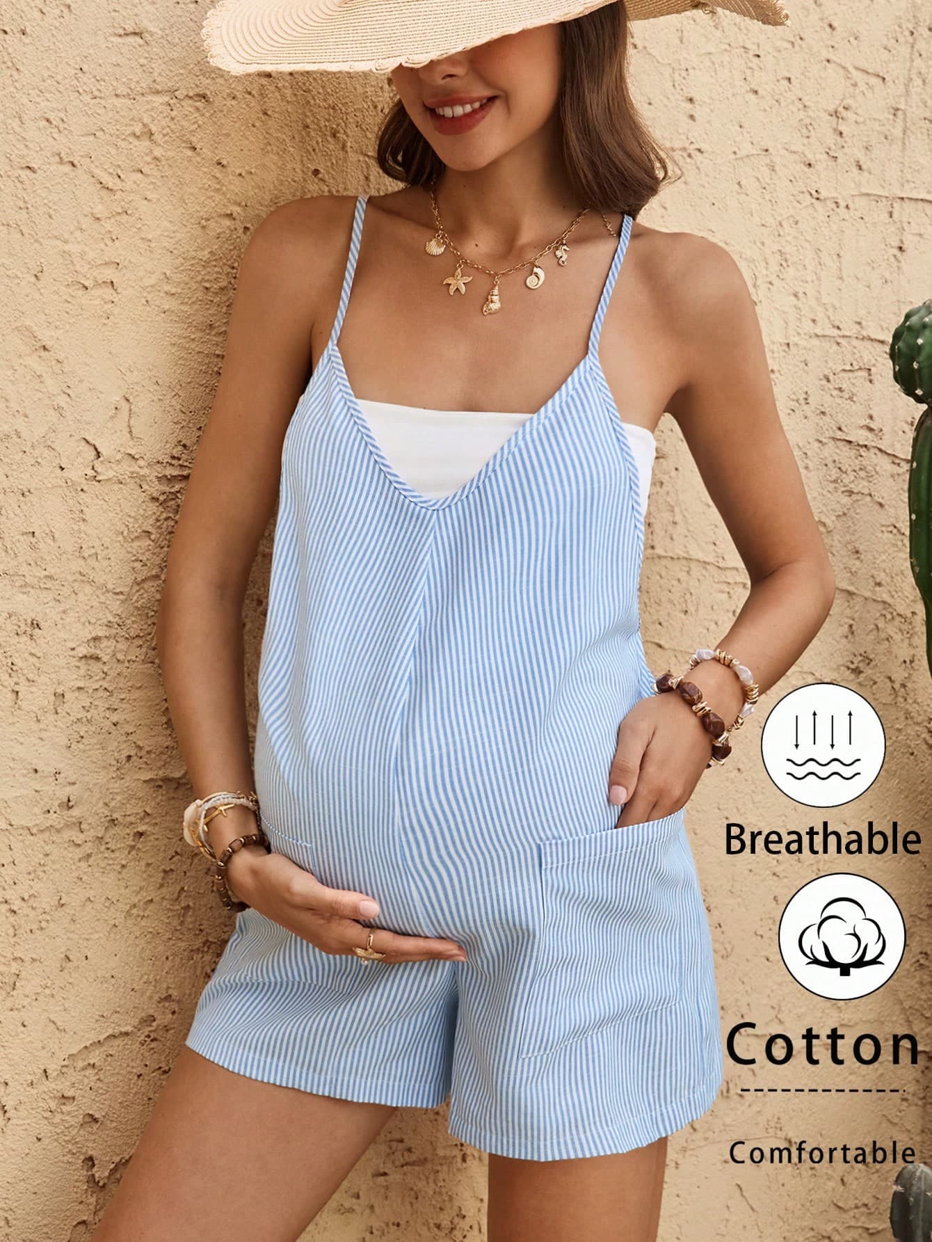 Boho Mama Maternity Baby Blue Pinstriped Cotton Jumpsuit, Summer Sequin Beach Maternity Holiday Striped Print Pocket Casual Romper,Bohemian Style Two Piece Set