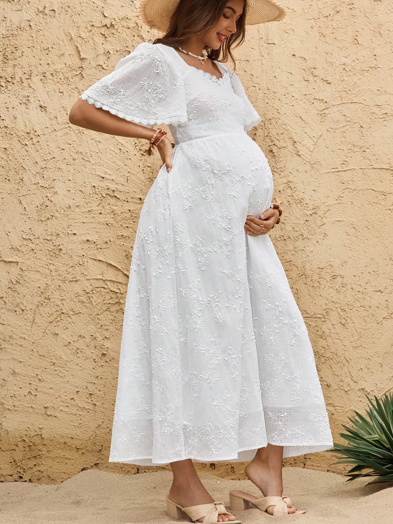 Boho Mama Summer Maternity White Dress For Pregnant Women,Elegant Holiday Bohemian Sweetheart Collar Textured Jacquard Flutter Sleeves Lace Trim Photoshoot