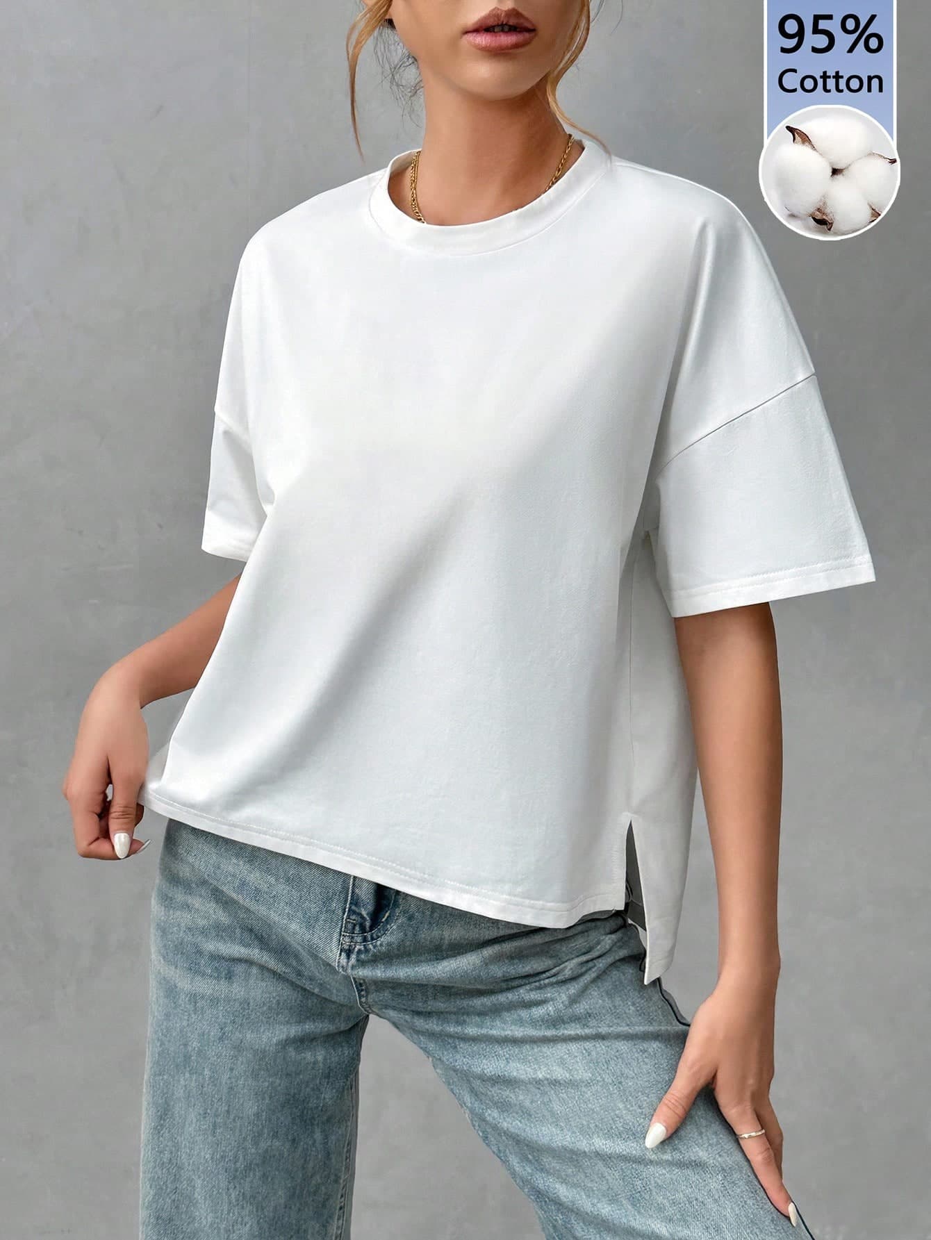 SHEIN Essnce Soft Cotton Women's Minimalist Basic Short Front Long Back T-Shirt,All White,Summer,Casual,Everyday Chic Style For Outings,Travel,Vacation,Beach,Party