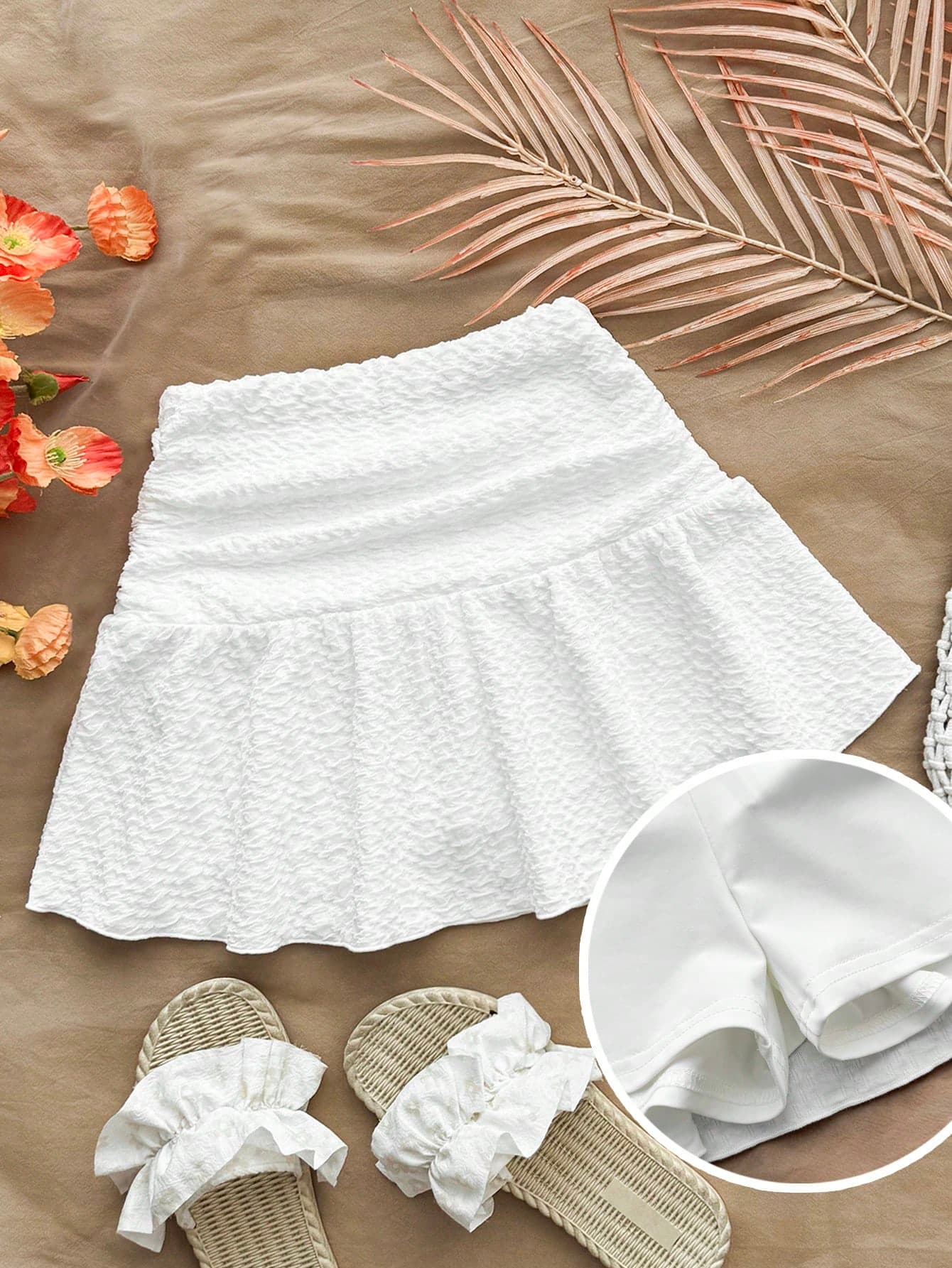 SHEIN Teen Girls White Summer Casual Beach Mini Skirt Skort Set,Hollow Textured Ruched A-Line Low Waist Knit Lace Skirt For Holiday,Confirmation,Vacation