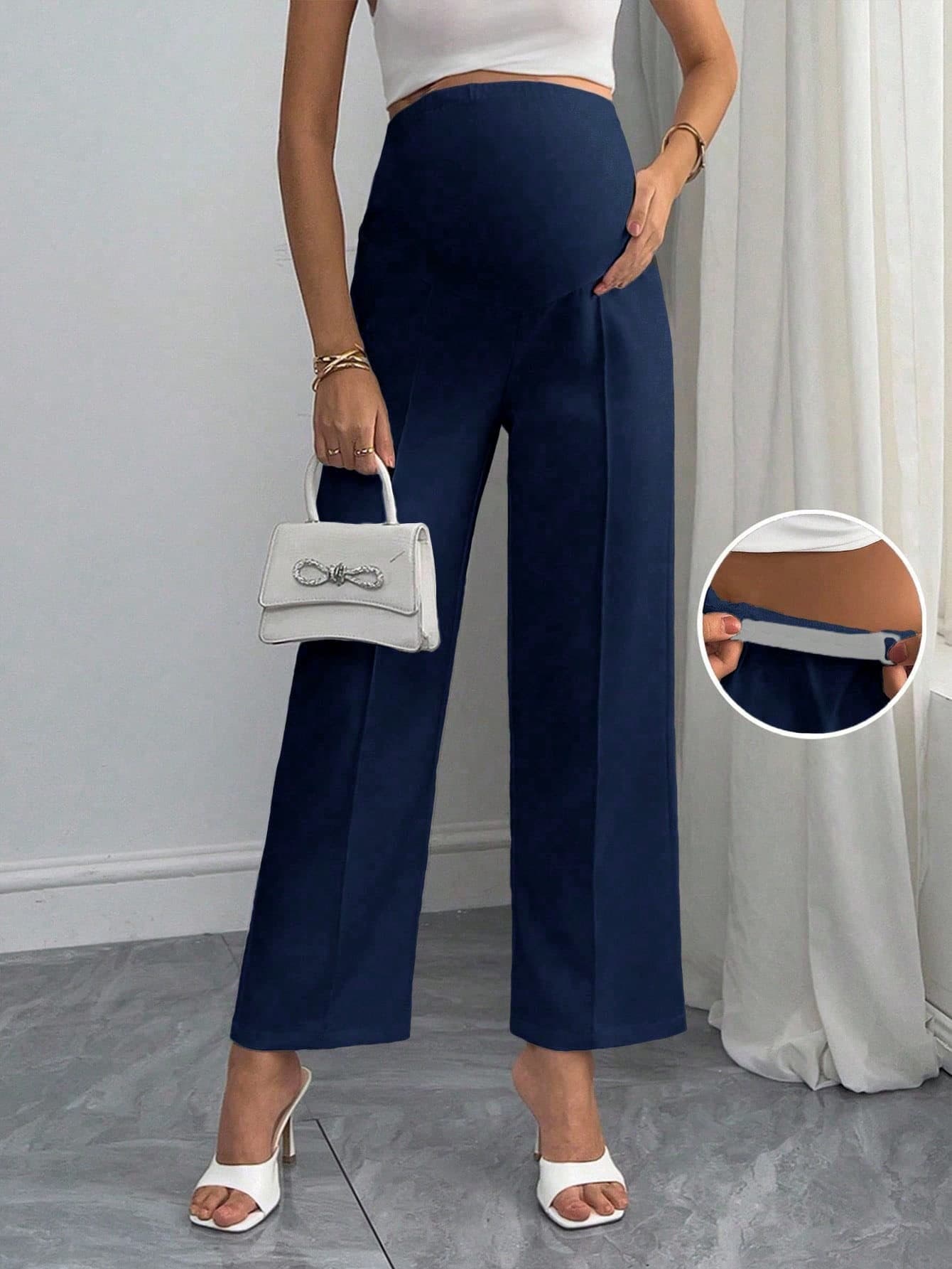 Momance Adjustable Elastic Waist Full Length Flare Pants For Pregnant Women, Casual Commuting Spring Maternity Photoshoot Navy Blue Fall