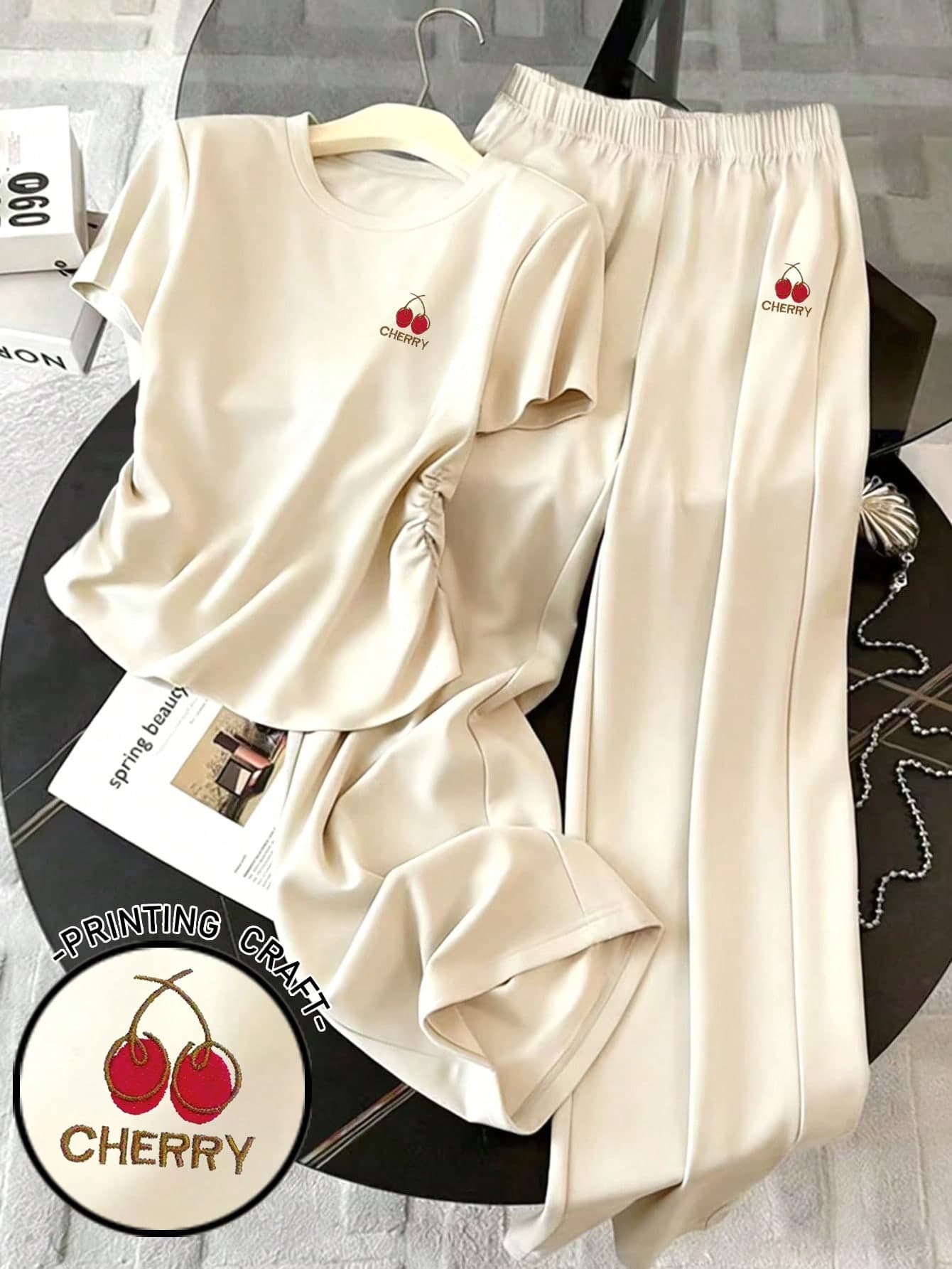 SHEIN Women's Spring/Summer New Arrival Exquisite Cherry Print Casual 2 Pieces Set