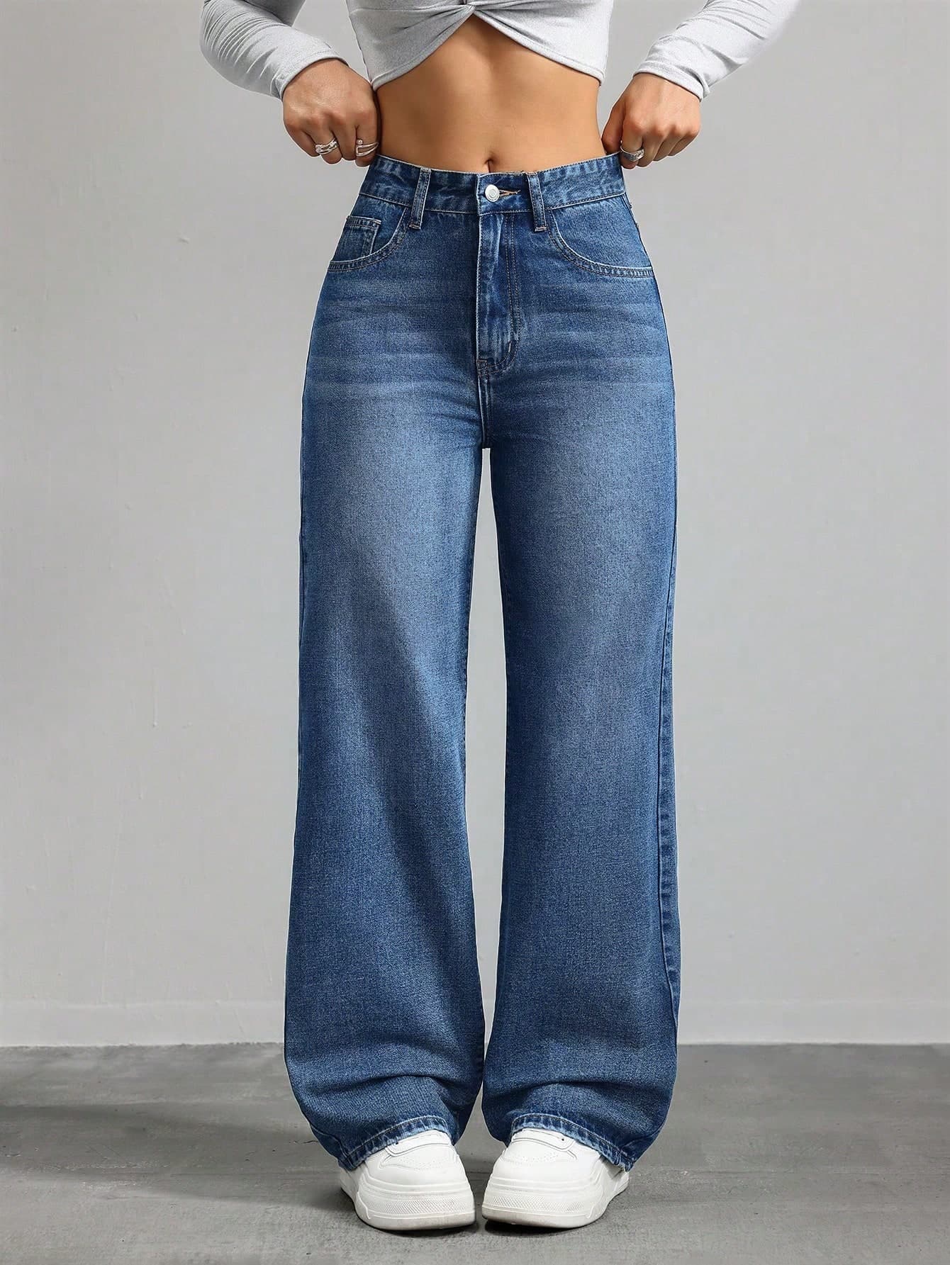 SHEIN ICON Women's Pocket Button Casual Versatile Daily Wear Wide Leg Jeans