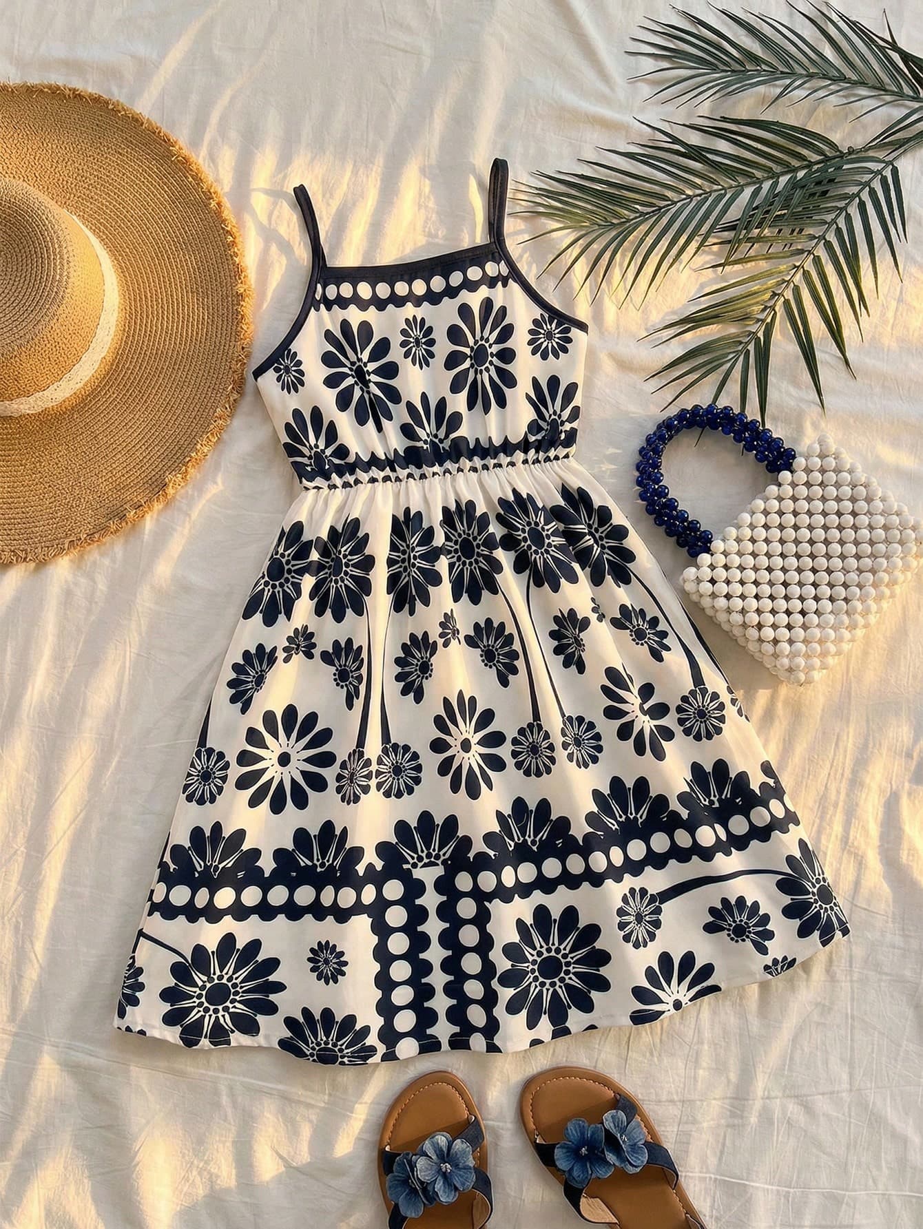 Sparklyn Girls Vacation Cami Dress,Retro Navy Blue & White Floral Print,Suspender Waist Cinching Fluffy Lively Skirt,Summer Beach Holiday Outing Outfit