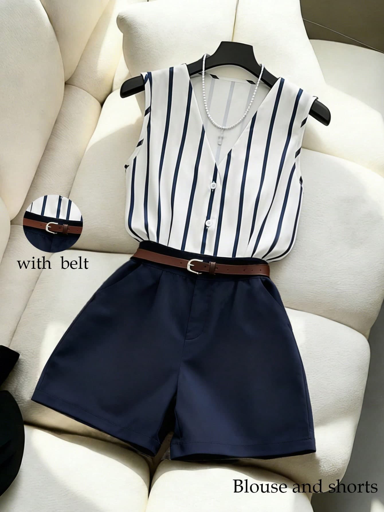 Franclia Women's 2 Pieces Set Navy And White Striped Blouse & Shorts With Belt,Summer Casual Elegant Office Work Suit,Fashionable Sleeveless Commuting Outfit