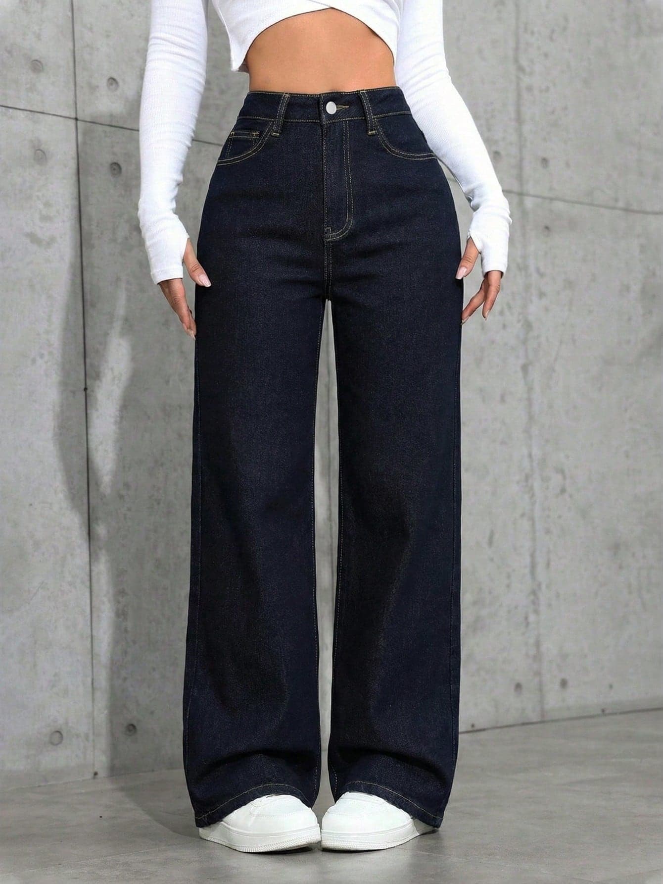 SHEIN ICON Women's High Waist Pockets Wide Leg Loose Casual Denim Jeans